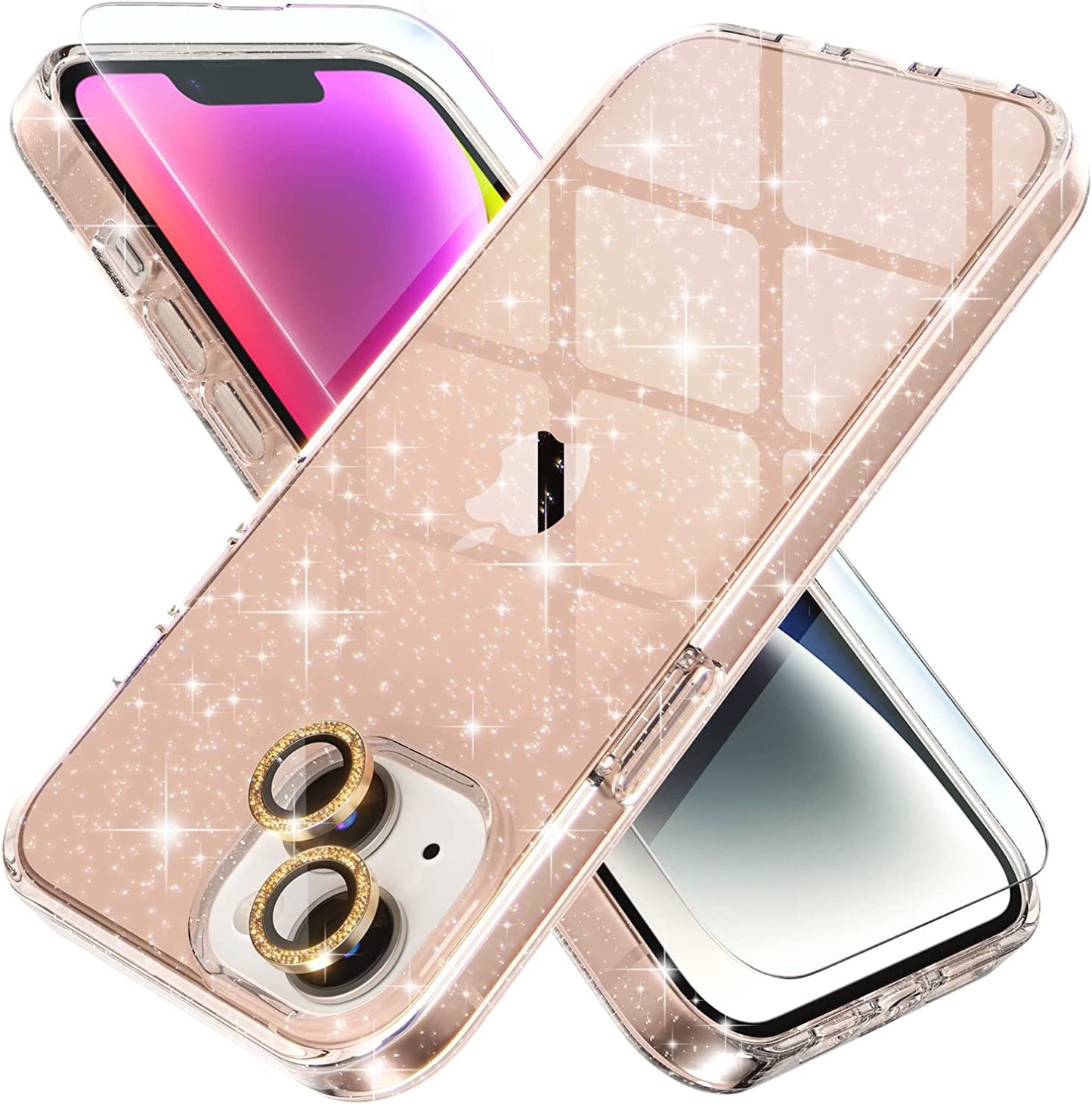 Choiche Compatible for Iphone 14 plus Case Cute, Women Clear Glitter Bling Sparkly Case, [2 X Diamond Camera Lens Protectors] [2 X Tempered Glass Screen Protectors] 6.7-Inch (Glitter Black)  Choiche Glitter Gold Iphone 14 