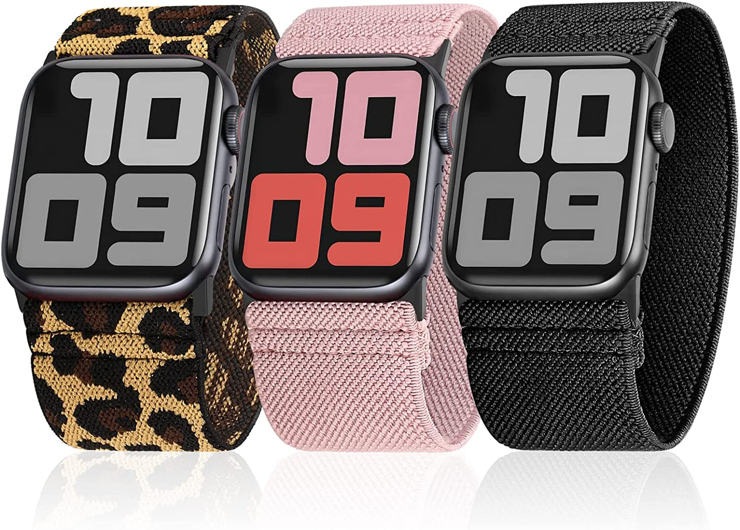 Ultra Wide Solo Loop Bands Compatible with Apple Watch Band 49Mm 38Mm 40Mm 41Mm 42Mm 44Mm 45Mm, Nylon Stretchy Braided Elastic Sport Women Men Strap for Iwatch Series Ultra 8 7 6 5 4 3 2 1 SE, 3 Packs  HPJK Pink/Black/Leopard 38/40/41mm M(Wrist 6.3’’-6.9’’/160-175mm) 