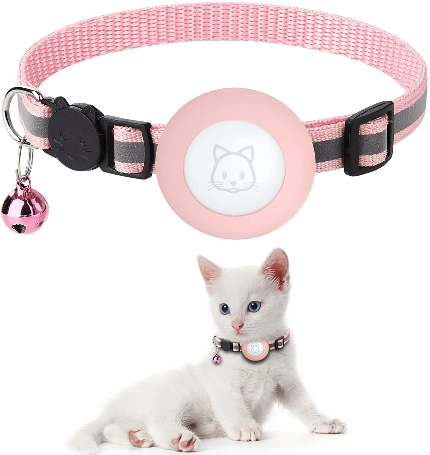 Airtag Cat Collar with Breakaway Bell, Reflective Paw Pattern Strap with Air Tag Case for Cat Kitten and Extra Small Dog (Pink Reflective Paw)  Kuaguozhe US Pink  