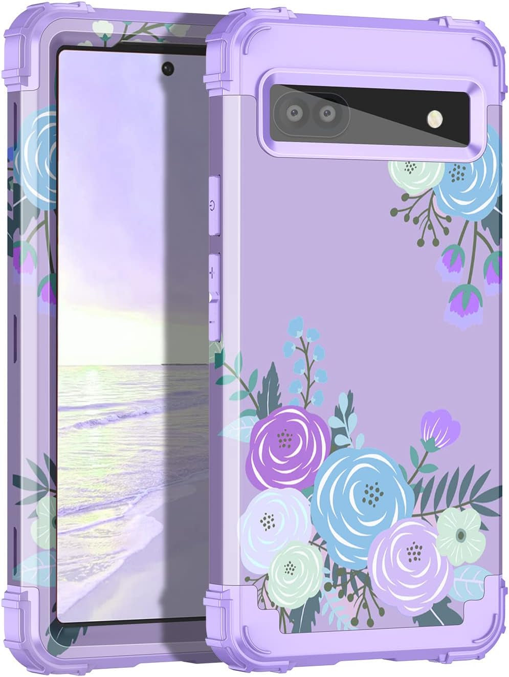 Hekodonk Google Pixel 6A Case (2022) - Heavy Duty Shockproof Hybrid Protection, Hard Plastic & Silicone Rubber, 3-In-1 Drop Protective - Blue Golden  Hekodonk Purple Flower  
