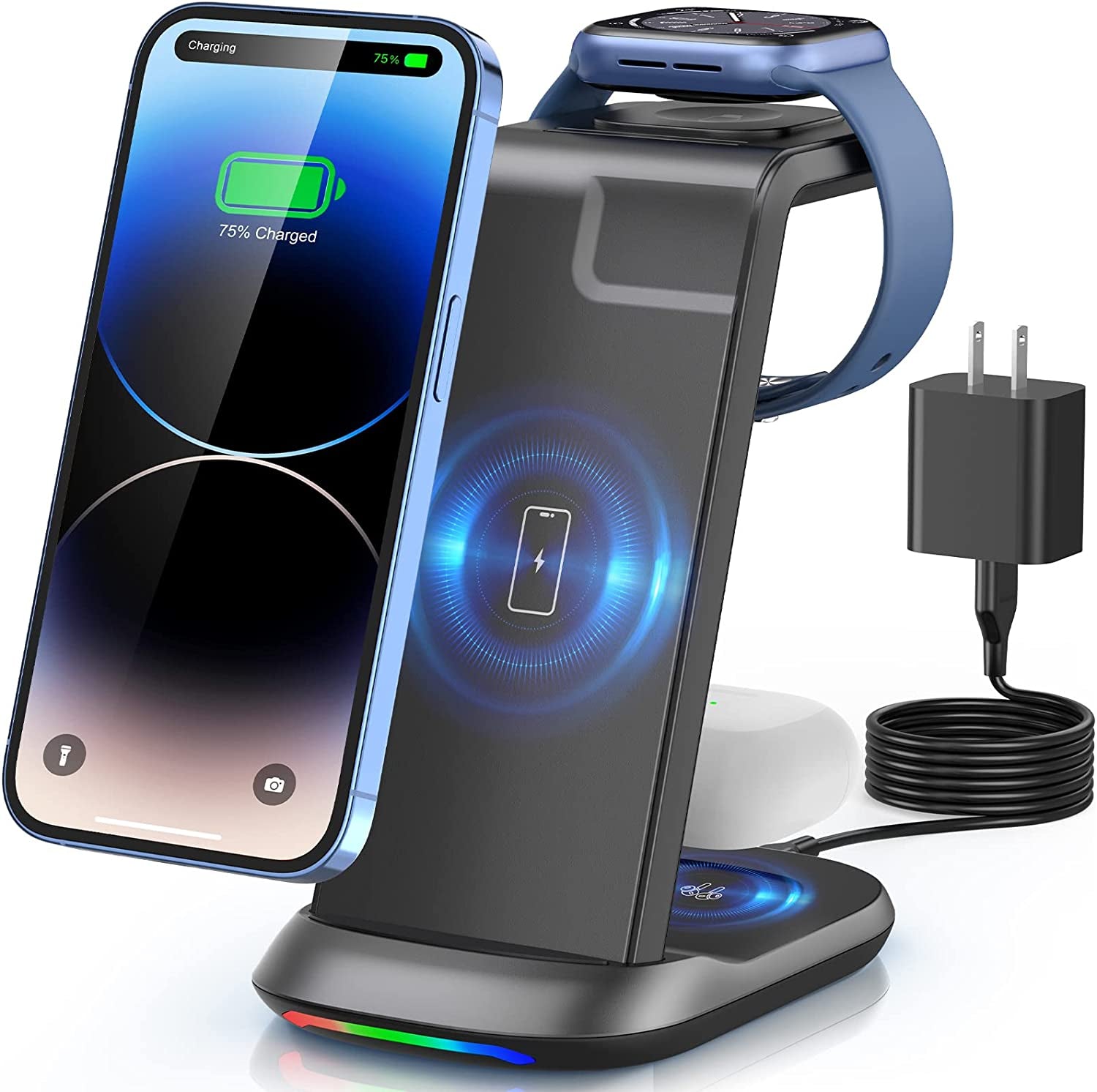 Wireless Charging Station,3 in 1 Fast Charger Stand Compatible with Iphone 14/13/12/11 Pro Max/X/Xs Max/8/8 Plus, Iwatch Series Ultra/8/7/6/5/Se/4/3/2, Airpods 3/2/Pro/Pro 2  Bifrost Black  