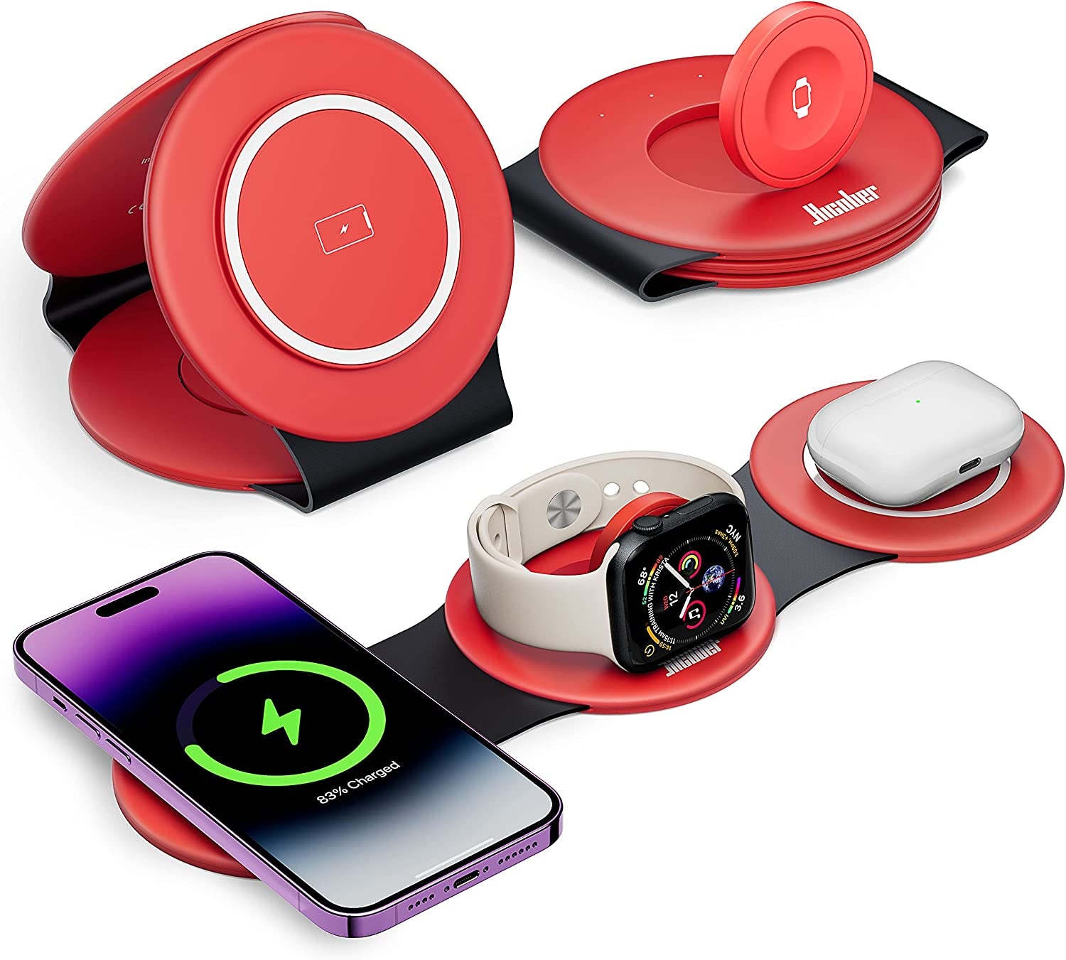 3 in 1 Charging Station for Apple Multiple Devices, Hicober Travel Wireless Charger for Magsafe Charger Foldable Stand Compatible for Apple Watch/Iwatch/Airpods/For Iphone 14 13 12 Pro Max Black  Dongguan weizhichuang Technology Co., Ltd Red  