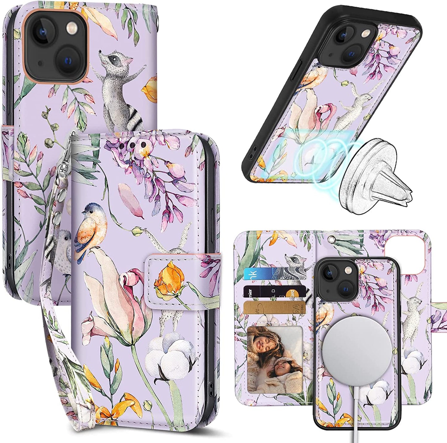 CASEOWL Compatible for Iphone 14 plus Wallet Case [Support Magsafe Charger] 2 in 1 Magnetic Detachable [RFID Blocking] Mandala Embossed Flip Leather Wallet Case with Card Holder,Strap for Women-Gray  CASEOWL Flower Purple [for iPhone 14 Plus]  