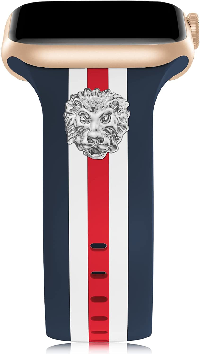 Designer Band with Charms Decor Compatible with Apple Watch Band 38Mm 40Mm 41Mm 42Mm 44Mm 45Mm 49Mm Women Men, Stylish Silicone Sport Wristbands for Iwatch Series 8 7 6 5 4 3 2 1 SE Ultra  Bagoplus Blue/White/Red with Silver Lion 38mm/40mm/41mm 