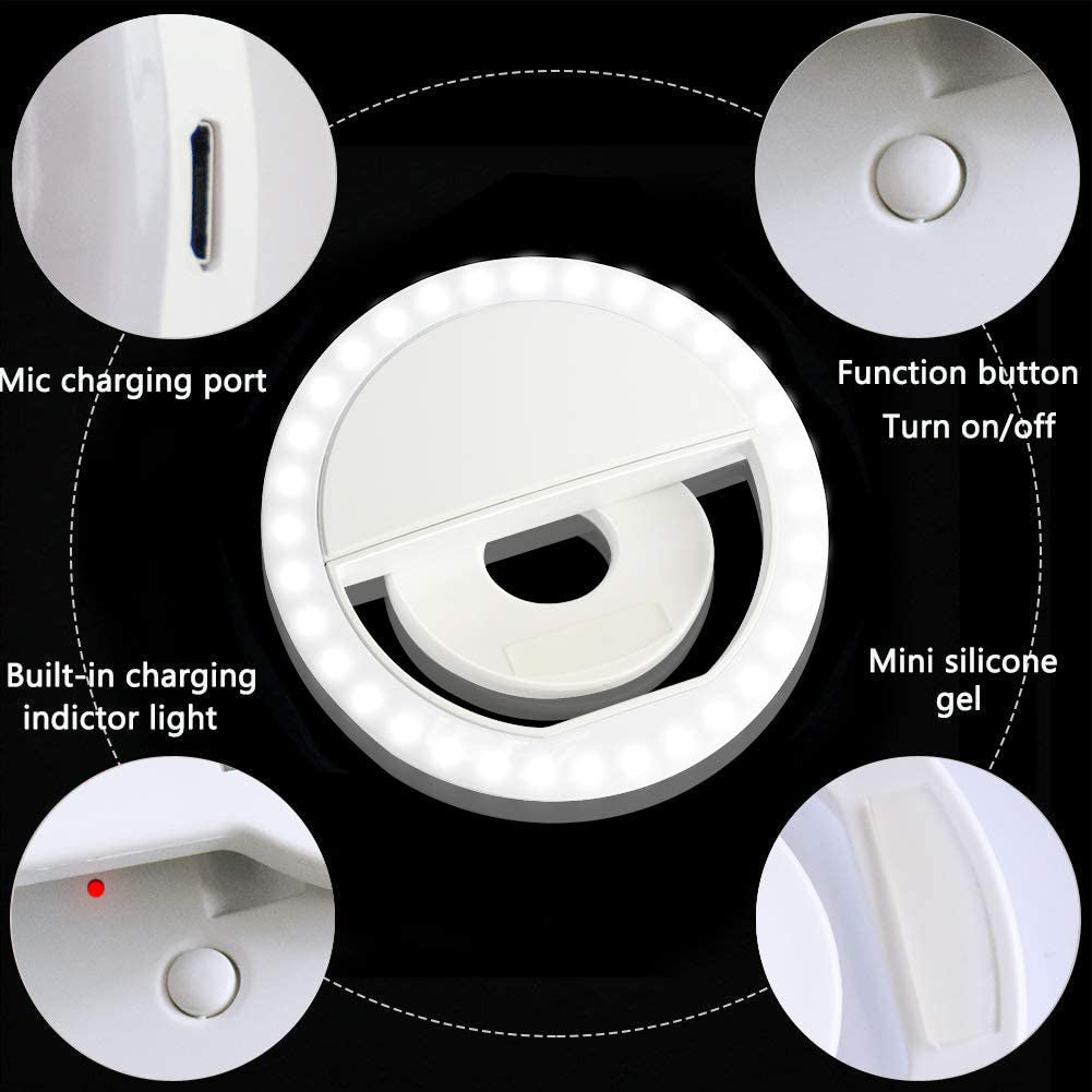 Selfie Ring Light, XINBAOHONG Rechargeable Portable Clip-On Selfie Fill Light with 36 LED for Iphone/Android Smart Phone Photography, Camera Video, Girl Makes up (White)  XINBAOHONG   