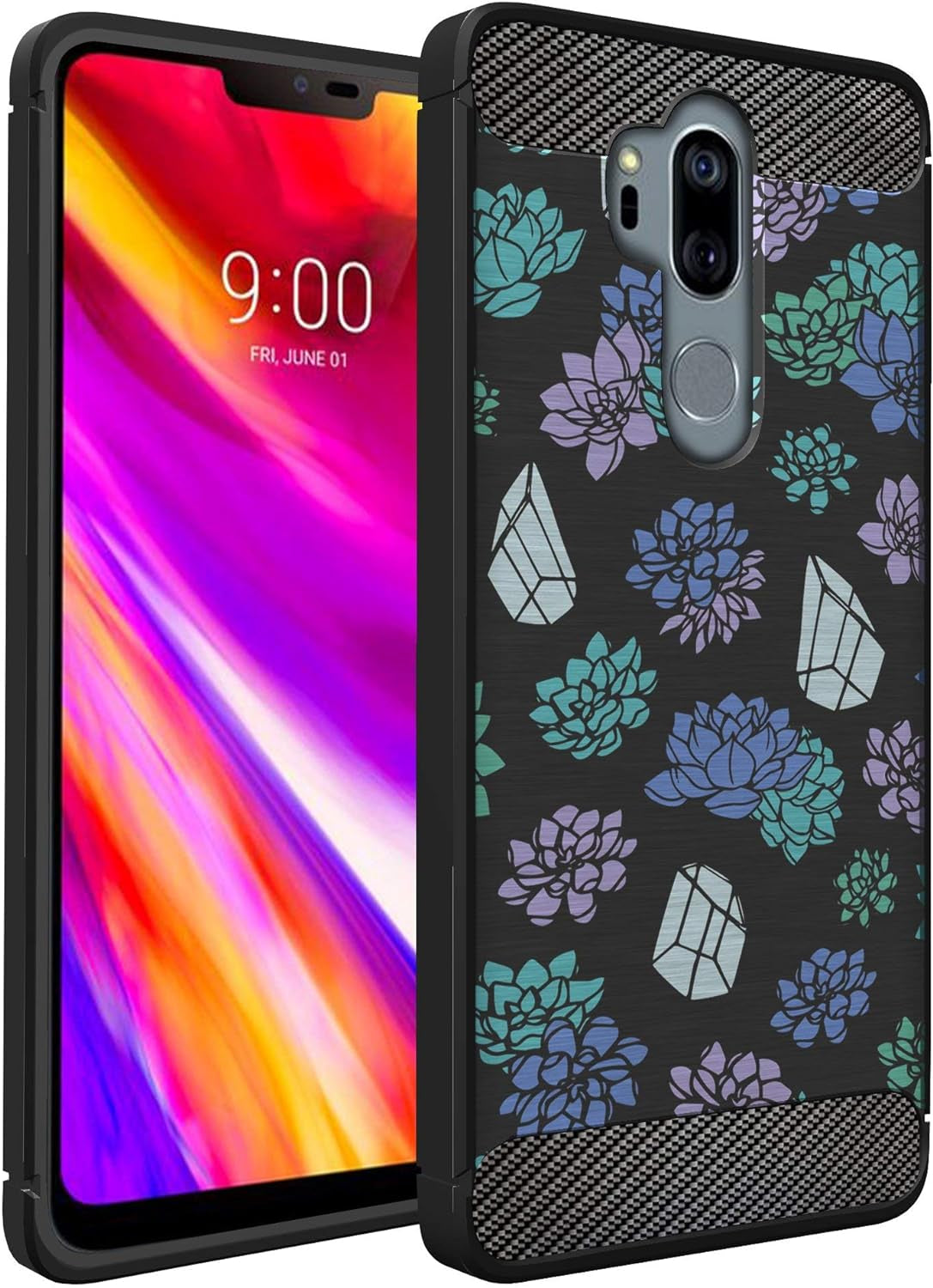 Casesondeck Case Compatible with [LG G7 / LG G7 Thinq] Tribal Floral Matte TPU Flexible Carbon Fiber Textured (Horse Tribal)  CasesonDeck Cactus Gems  