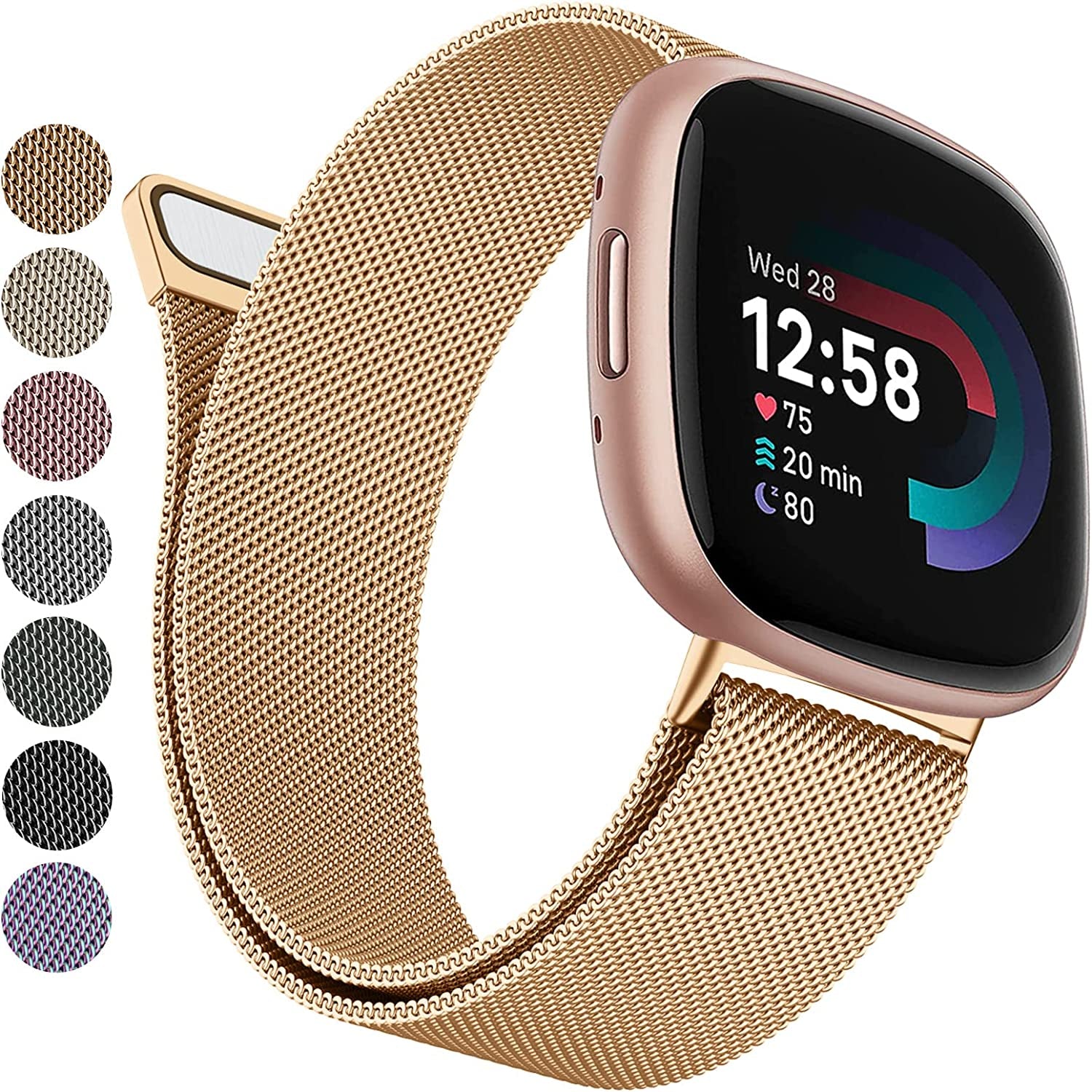 YILED Metal Bands Compatible with Fitbit Versa 3/Versa 4/Fitbit Sense/Sense 2 for Women Men, Stainless Steel Mesh Breathable Wristband Strap with Adjustable Magnet Lock  YILED Rose Gold Small 