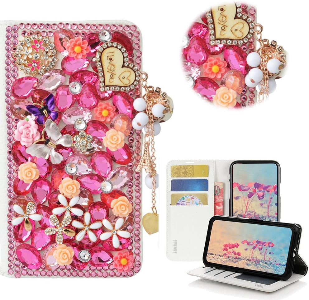 STENES LG G6 Case, LG G6 plus Case - STYLISH - 3D Handmade Crystal Heart Pendant Butterfly Flowers Wallet Credit Card Slots Fold Stand Leather Cover Case for LG G6/LG G6 plus - Pink  STENES   