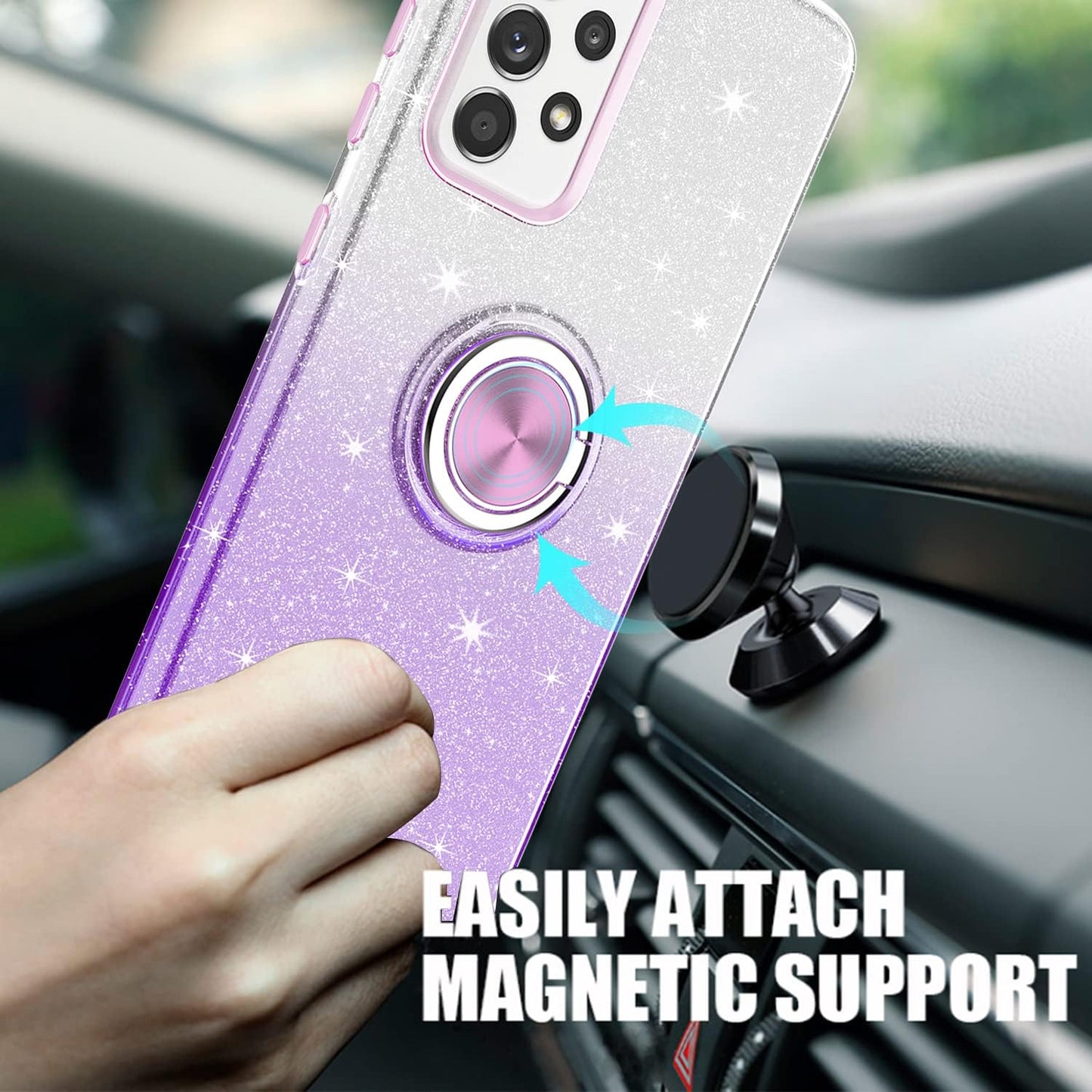 TJS Compatible with Samsung Galaxy A53 5G Case, with Tempered Glass Screen Protector, Metal Ring Magnetic Support Kickstand Tone Shinny Glitter Girls Women Protector Phone Case (Purple)  TJS   
