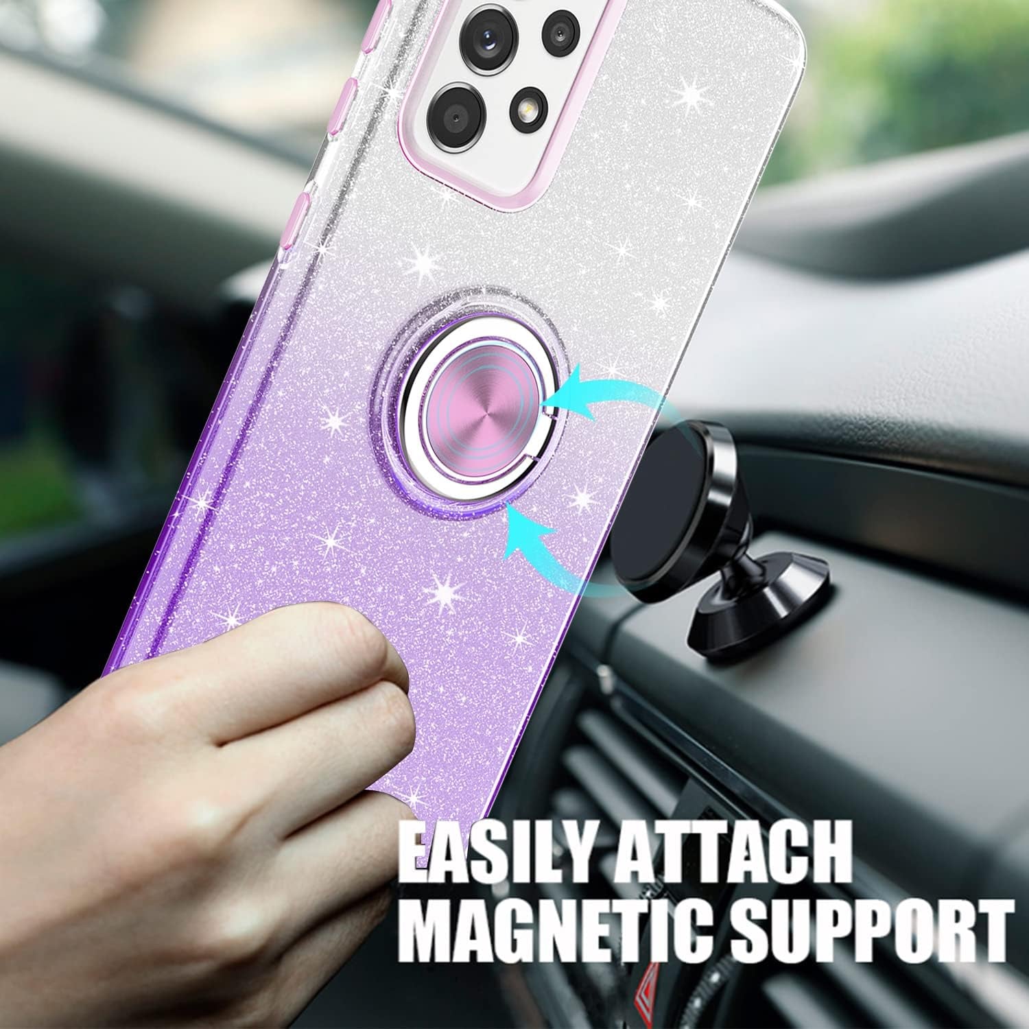 TJS Compatible with Samsung Galaxy A53 5G Case, with Tempered Glass Screen Protector, Metal Ring Magnetic Support Kickstand Tone Shinny Glitter Girls Women Protector Phone Case (Purple)  TJS   