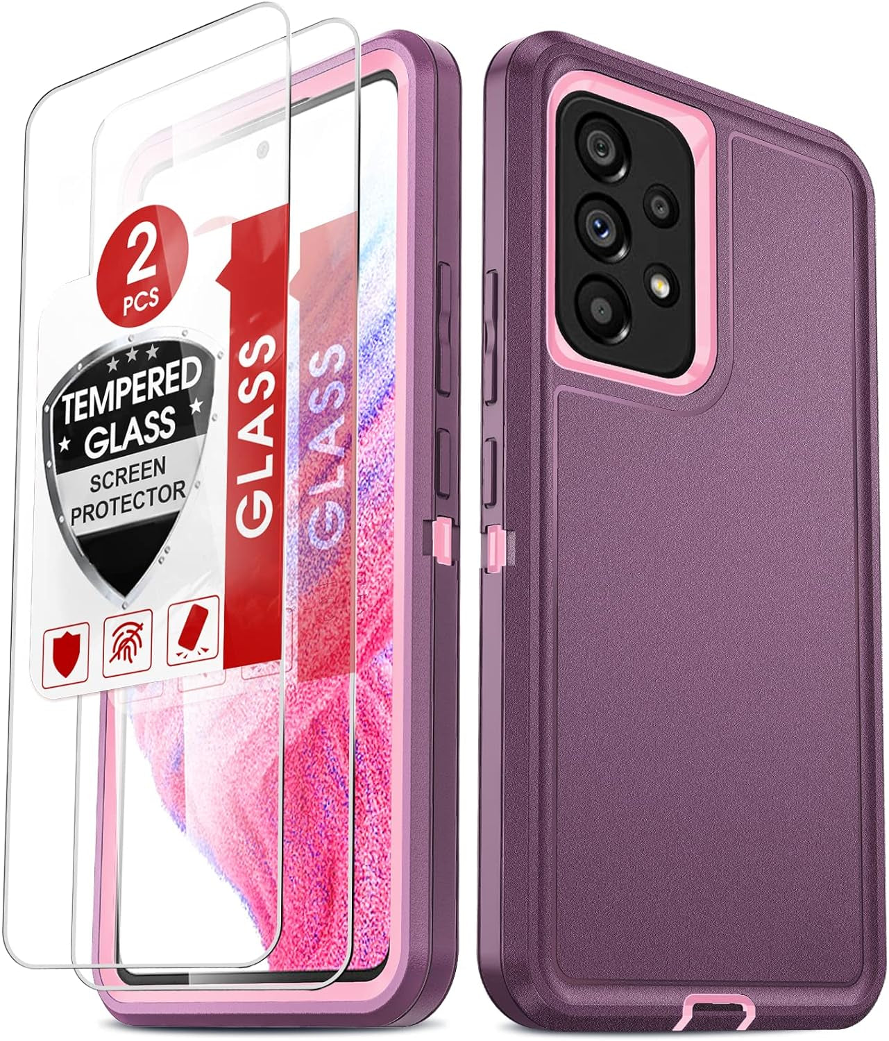 Leyi for Galaxy A53 5G Case: 3-In-1 Rugged Defender Protection with 2 Tempered Glass Screen Protectors, Shockproof & Dustproof - Black  LeYi Wine Red/Pink  