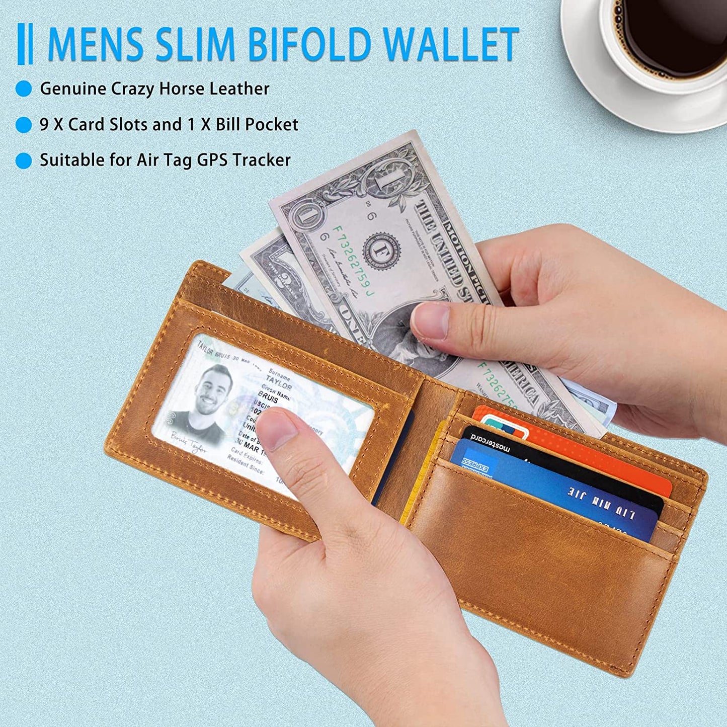 Dseeky Mens Slim Bifold Wallet Multi-Function Wallet Slim Simple Leather Wallet for Airtag Oscar,Genuine Crazy Horse Leather(Light Brown)  Dseeky   