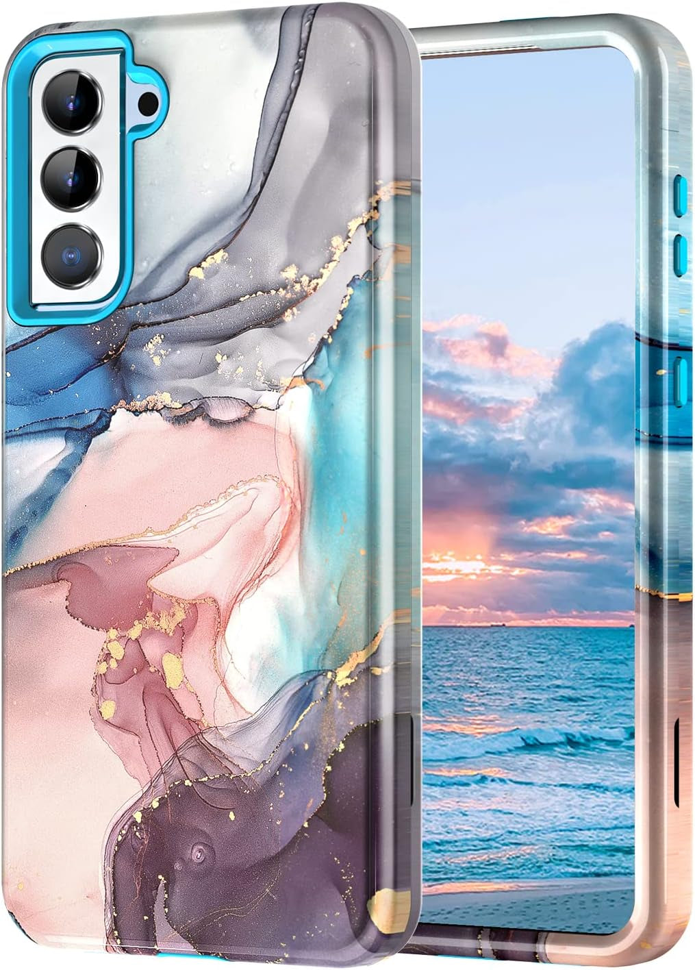Btscase for Samsung Galaxy S22 5G Case,Marble Pattern 3 in 1 Heavy Duty Shockproof Full Body Rugged Hard Pc+Soft Silicone Drop Protective Women Girl Cover for Samsung Galaxy S22,Dreamland River/Purple  Btscase Blue Gray  
