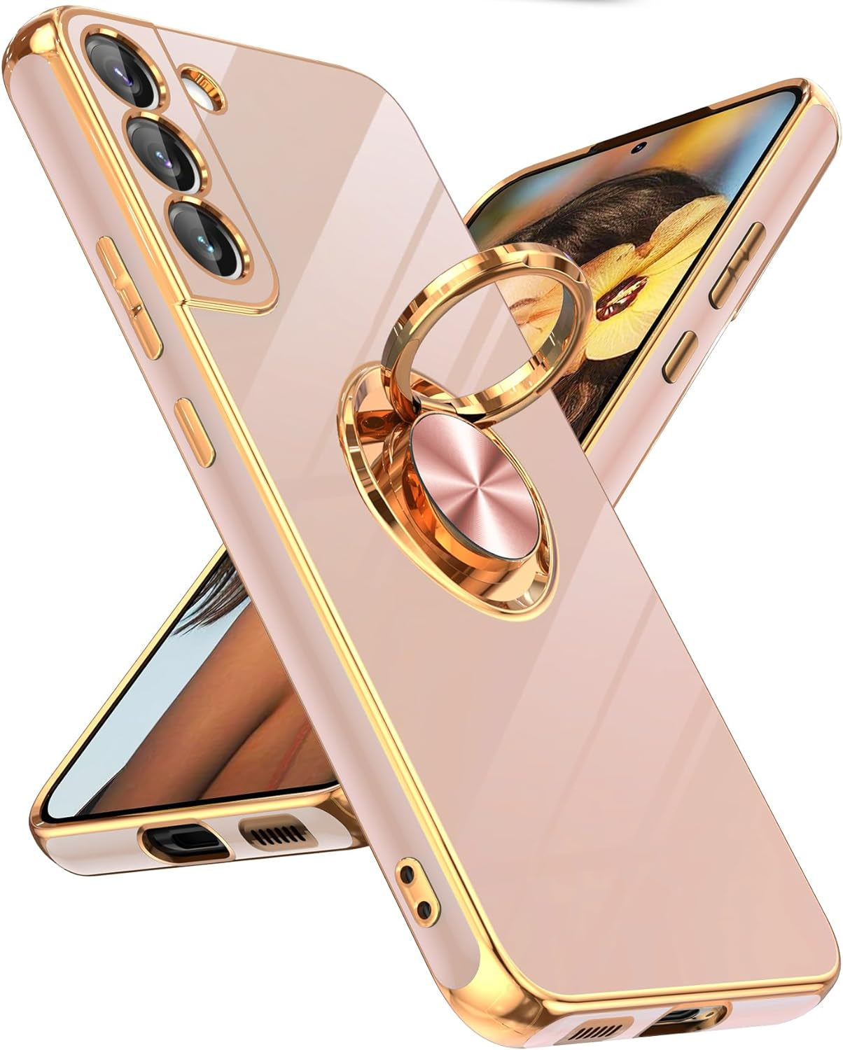 Leyi for Samsung Galaxy S22 plus Case 360° Rotatable Ring Holder Magnetic Kickstand, Plating Rose Gold Edge Protective Galaxy S22 Plus/ S22+ Case, Black  LeYi Pink Samsung Galaxy S22 Plus 