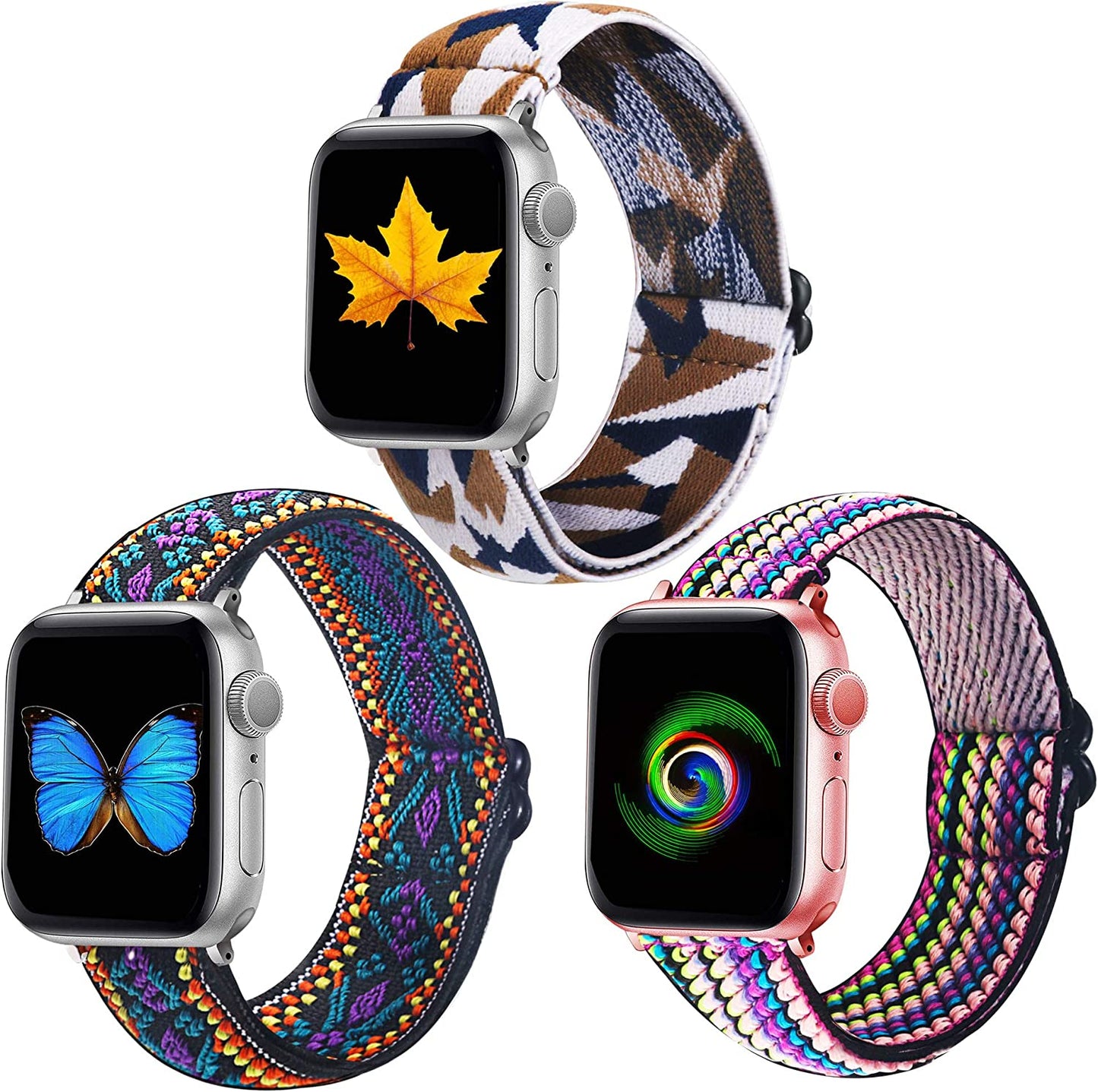 Dsytom 3 Pack Elastic Band Compatible with Apple Watch Bands 38Mm 41Mm 40Mm 42Mm 44Mm 45Mm, Adjustable Stretchy Nylon Bands for Iwatch Series Ultra 8/7/6/5/4/3/2/1 SE Strap for Women  Dsytom Boho Flower+ Dark rainbown+ Triangle Lattice 38mm/40mm/41mm 