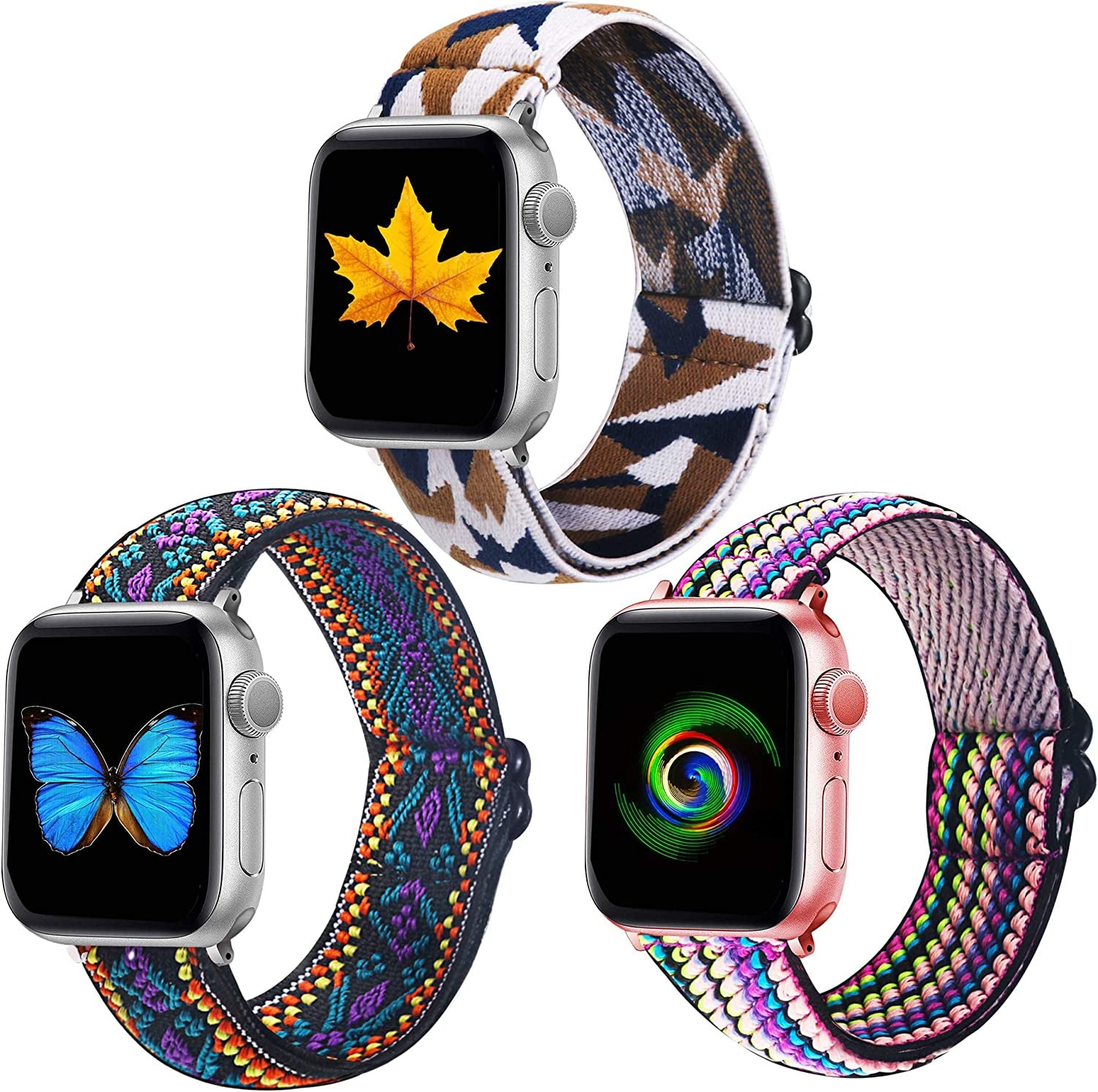 Dsytom 3 Pack Elastic Band Compatible with Apple Watch Bands 38Mm 41Mm 40Mm 42Mm 44Mm 45Mm, Adjustable Stretchy Nylon Bands for Iwatch Series Ultra 8/7/6/5/4/3/2/1 SE Strap for Women  Dsytom Boho Flower+ Dark rainbown+ Triangle Lattice 38mm/40mm/41mm 