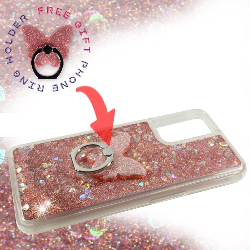 Zase Design Clear Case for Oneplus Nord N200 5G Liquid Glitter Sparkle Bling Cute Girls Women Protective Flexible Soft Cover Floating Quicksand W/Phone Ring Holder Stand (Pink Rose)  Zase   