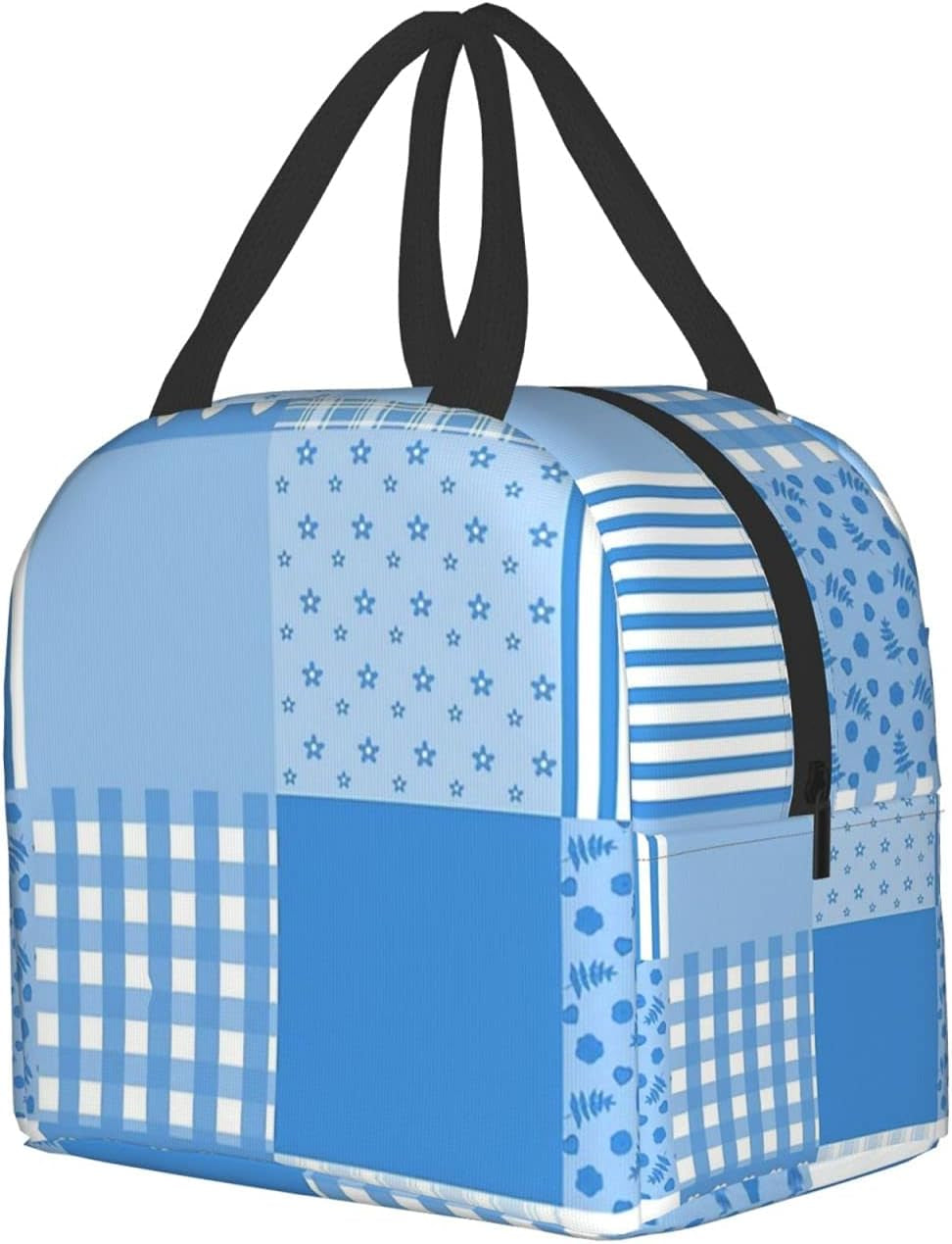 Fashion Blue and White Patchwork Lunch Box Insulated Cooler Lunch Tote Bag Travel Picnic Durable Shopping Reusable Waterproof Bags for Women  carati   