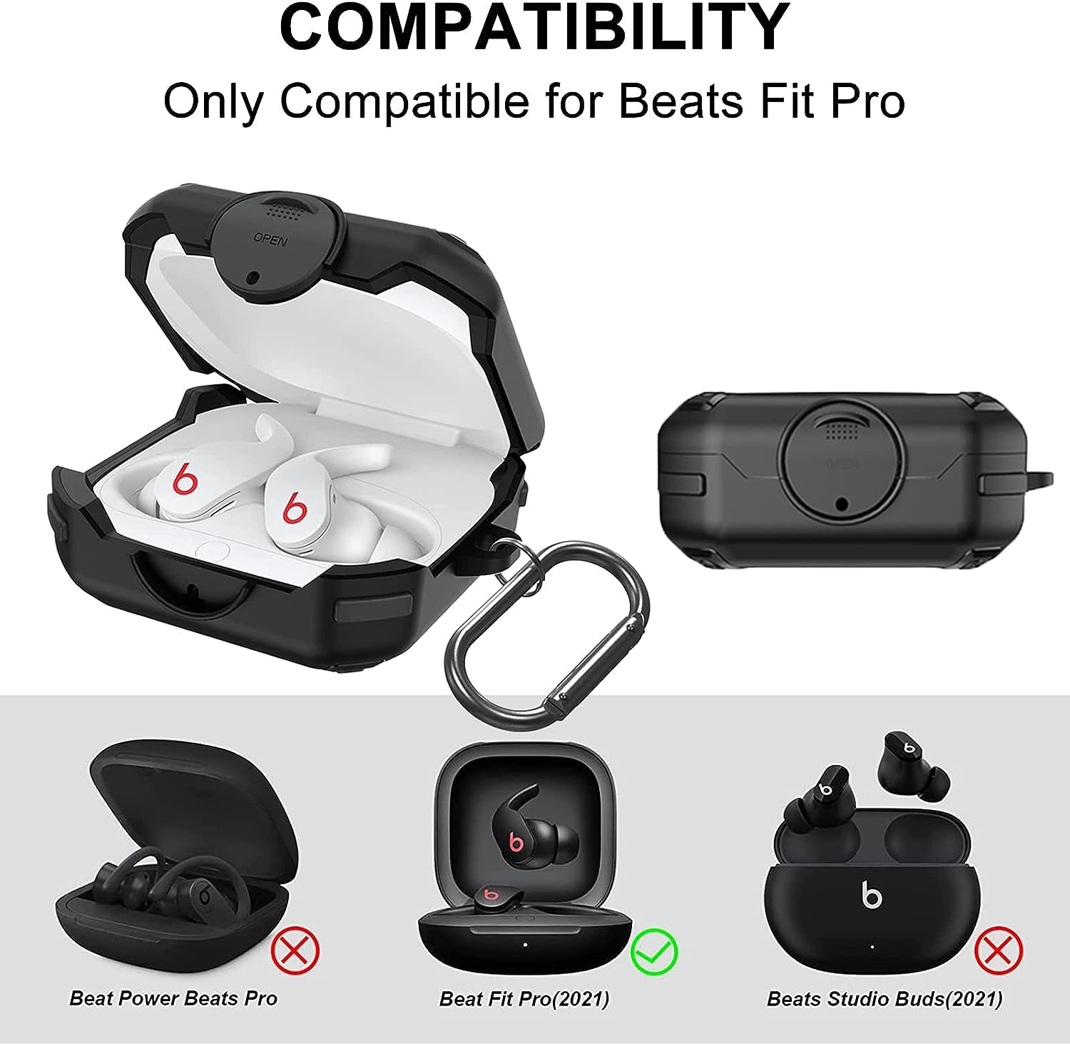 [Upgrade Secure Lock] Beats Fit Pro Case 2021, VAEKNVG Shock-Absorbing Protective Armor Cover for Beats Fit Pro Earbuds Accessories, TPU Hard Shell with Carabiner,Black  VAEKNVG   