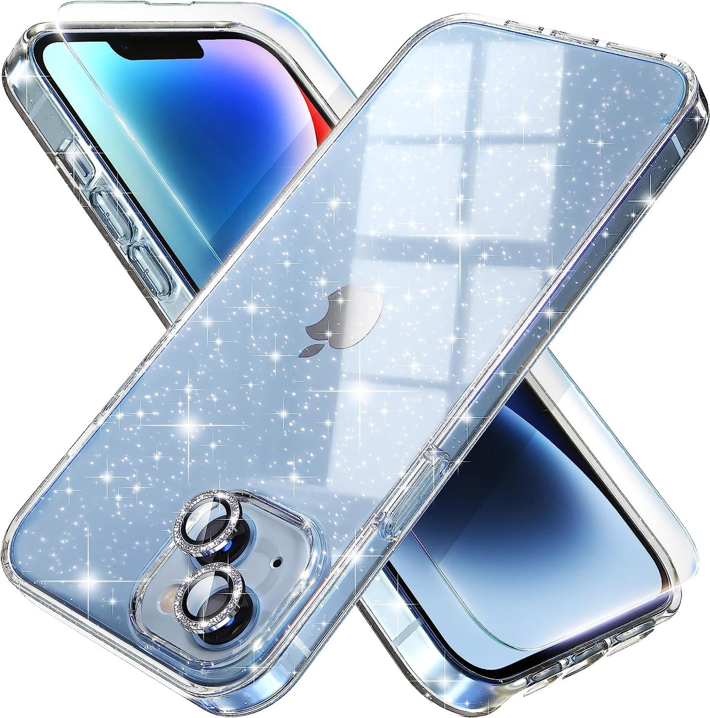 Choiche Compatible for Iphone 14 Pro Max Case Cute, Women Clear Glitter Bling Sparkly Case, [3 X Diamond Camera Lens Protectors] [2 X Tempered Glass Screen Protectors] 6.7-Inch (Glitter Clear)  Choiche Glitter Clear Iphone 14 Plus 