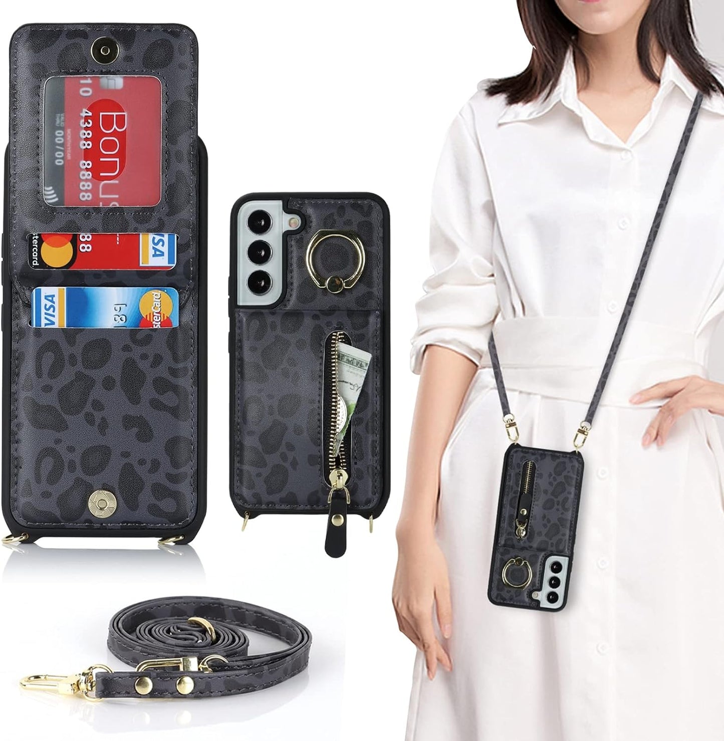 Jaorty Samsung Galaxy S22 5G Phone Case for Women with Card Holder,Samsung S22 Case Wallet Crossbody Lanyard with Strap,Credit Card Slots Kickstand Case with Ring Holder,6.1 Inch,Black  Jaorty 360 Rotation Ring Holder - Black Leopard  