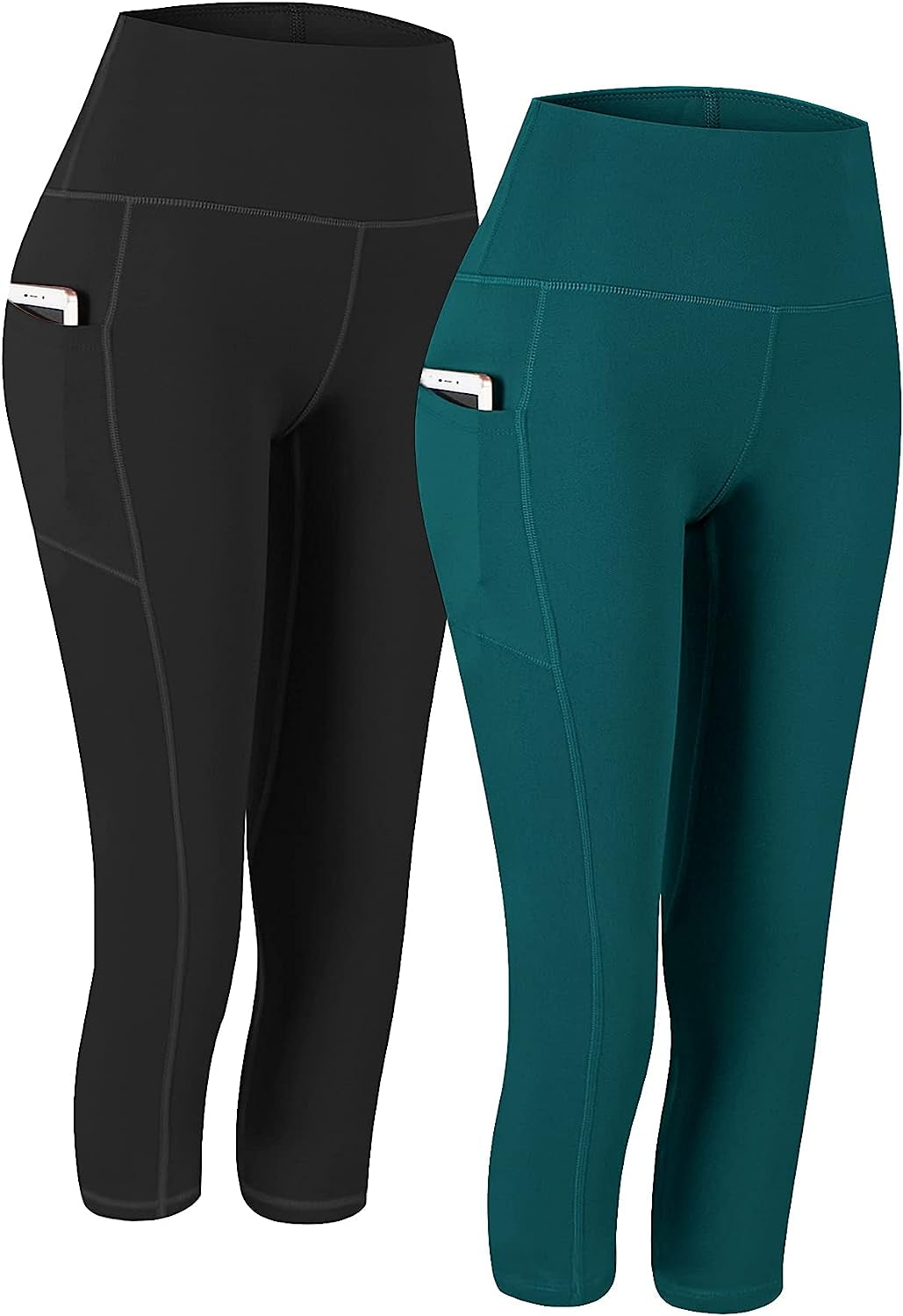 Fengbay 2 Pack High Waist Yoga Pants, Pocket Yoga Pants Tummy Control Workout Running 4 Way Stretch Yoga Leggings  Fengbay Capris Black & Deep Green Small 
