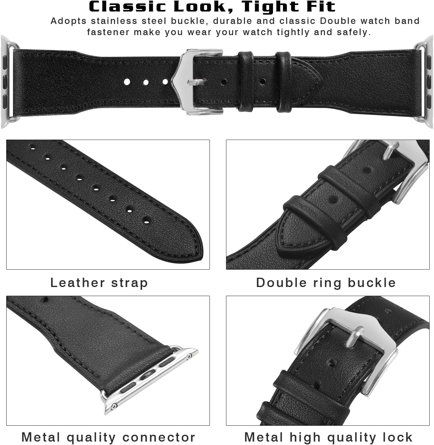 Genuine Leather Watch Bands Compatible with Apple Watch 38Mm 40Mm 41Mm for Men Women Straps Wristband for Iwatch SE & Series 7 6 5 4 3 2 1 Black Band+Silver Adapter  N-Hocezyg   