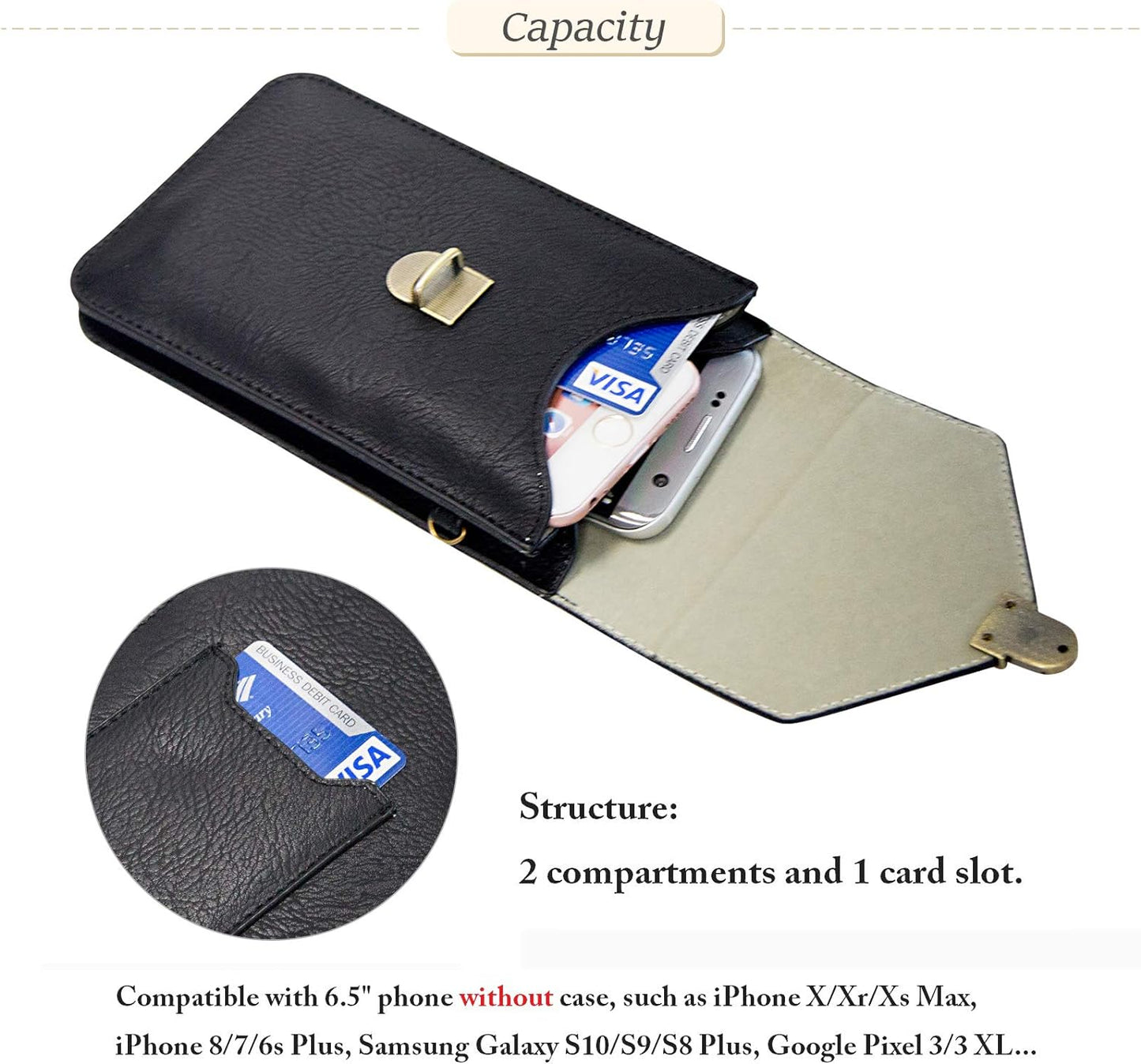 Techcircle Small Cell Phone Purse, Synthetic Leather Crossbody Bag Dual Pockets Card Holder Neck Pouch with Adjustable Strap for Iphone X Xr 8 7 6S Plus, Galaxy S10 S9 S8 Plus, LG G8 Thinq, Black  Techcircle   