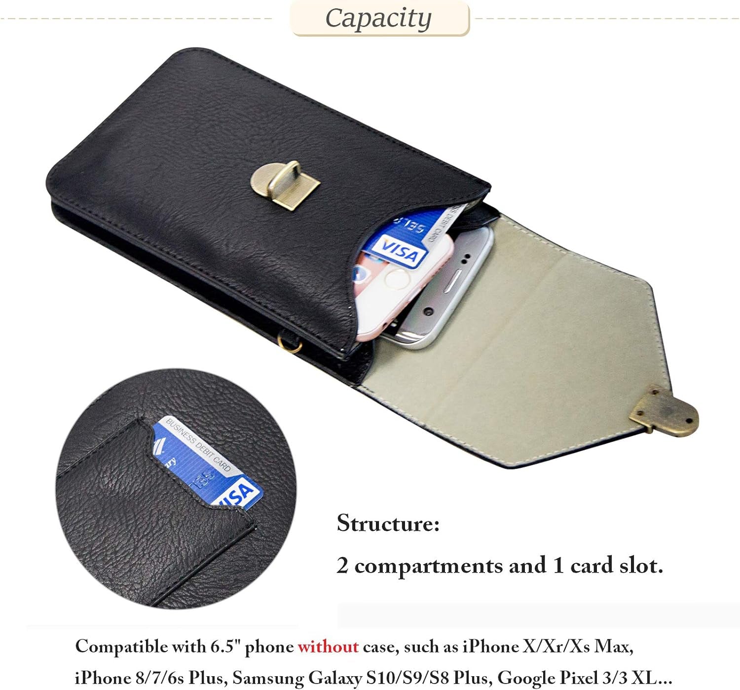 Techcircle Small Cell Phone Purse, Synthetic Leather Crossbody Bag Dual Pockets Card Holder Neck Pouch with Adjustable Strap for Iphone X Xr 8 7 6S Plus, Galaxy S10 S9 S8 Plus, LG G8 Thinq, Black  Techcircle   