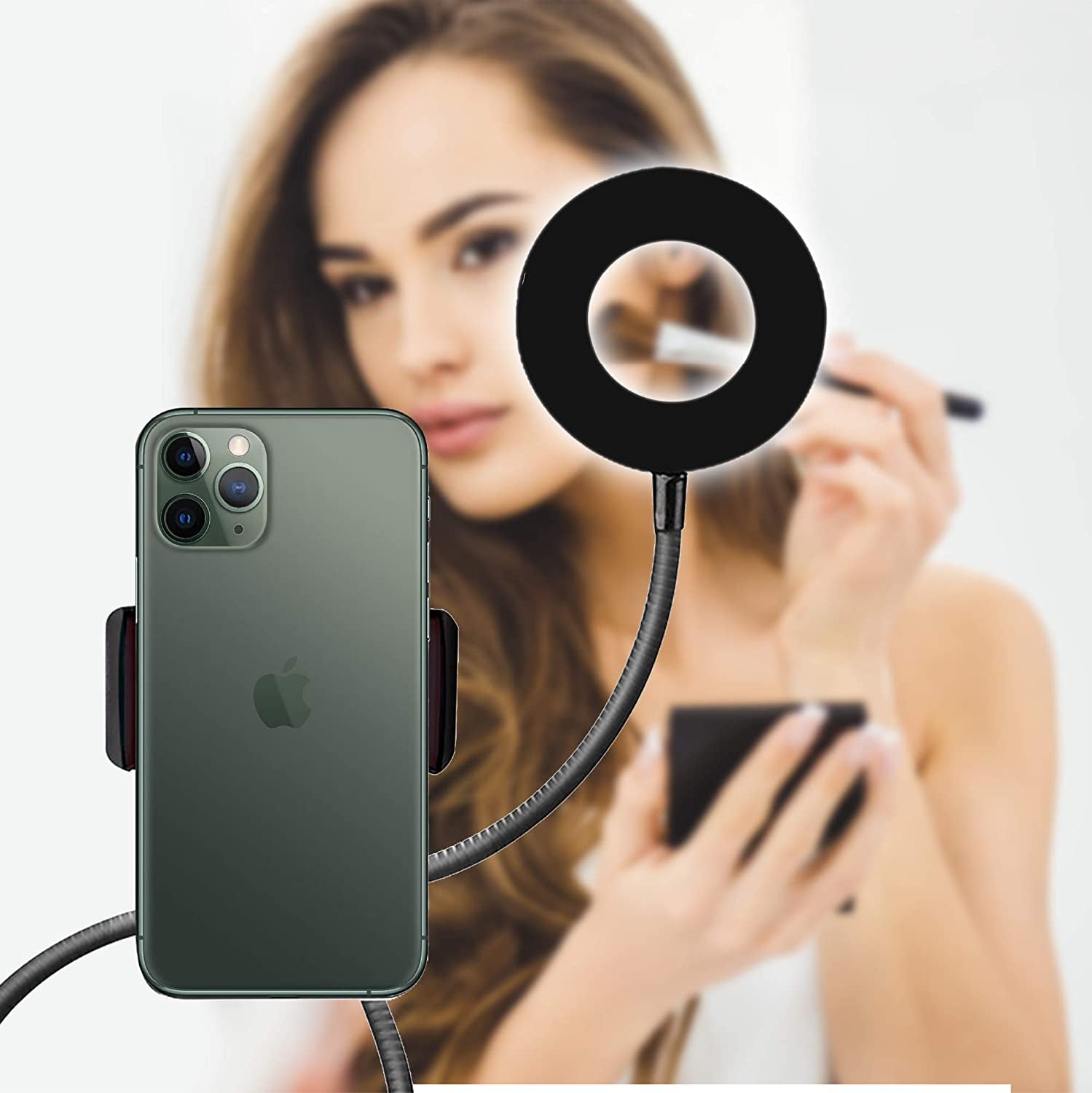 TALK WORKS Selfie Ring Light Cell Phone Holder Compatible W/Iphone 13/13 Pro/13 Pro Max/14/14 Plus/14 Pro/14 Pro Max - Flexible Clip USB LED Stand for Live Streaming W/ 10 Brightness Levels (Black)  MAP 140 (Talkworks)_Private Label (bounty)   
