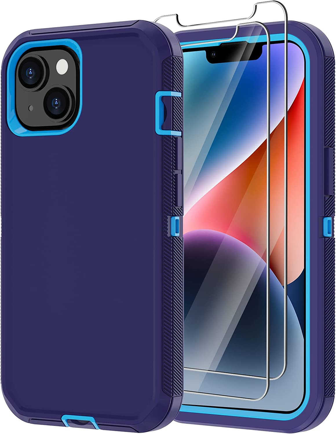 Annymall for Iphone 14 plus Case with 2 Screen Protector, Heavy Duty Drop Protection Shockproof Rugged 3-Layer Military Tough Durable Protective Cover for Apple Iphone 14 plus 6.7" (Black)  Annymall Blue/Dark  