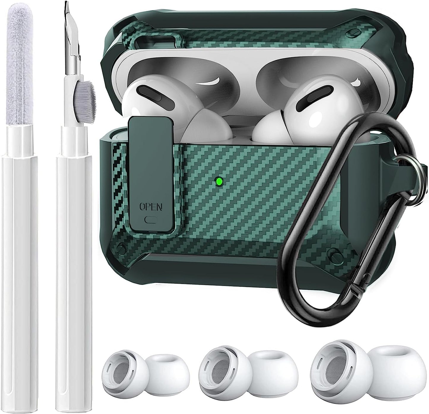 [4 in 1] Airpods Pro 2 Gen/Pro Case Lock with Cleaner Kit&Replacement Ear Tips(S/M/L), Olytop Rugged Airpod Pro 2Nd/1St Generation Protective Cover for Ipod Pro 2019/2022 with Keychain, Army Green  Olytop   