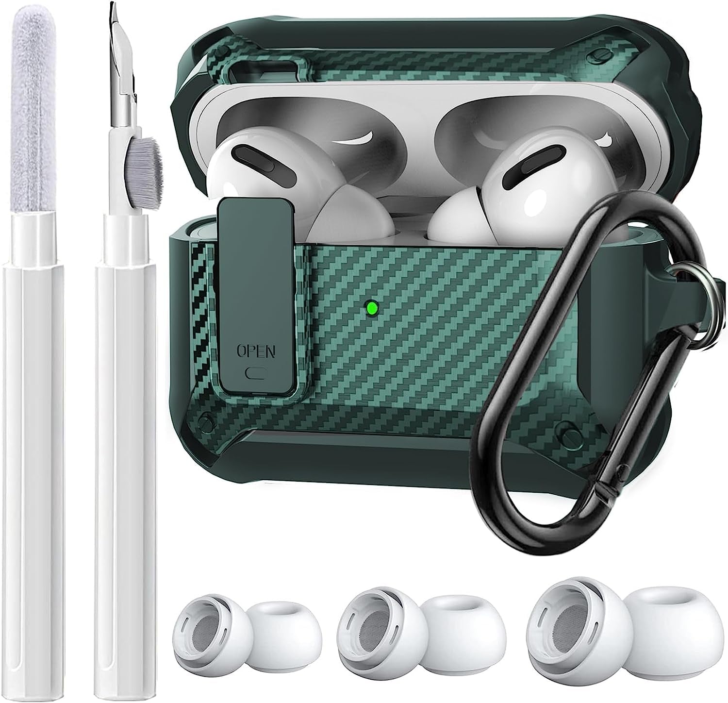 [4 in 1] Airpods Pro 2 Gen/Pro Case Lock with Cleaner Kit&Replacement Ear Tips(S/M/L), Olytop Rugged Airpod Pro 2Nd/1St Generation Protective Cover for Ipod Pro 2019/2022 with Keychain, Army Green  Olytop   
