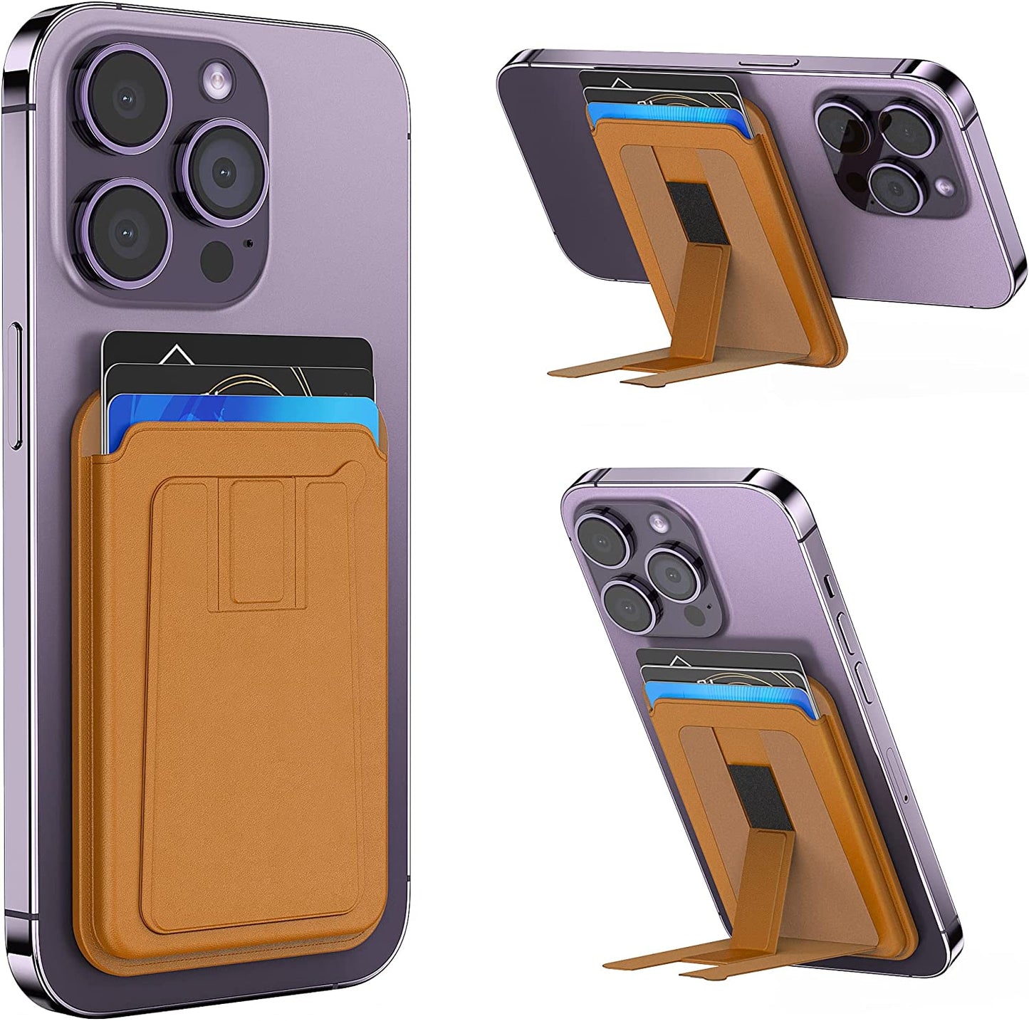 GANSBOL Magnetic Card Wallet Holder for Apple Magsafe,2-In-1 Leather Magsafe Wallet Stand for Iphone 12/13/14 Series,Magsafe Wallet for Back of Iphone,Fit 3-4 Cards,Light Purple  GANSBOL Orange  