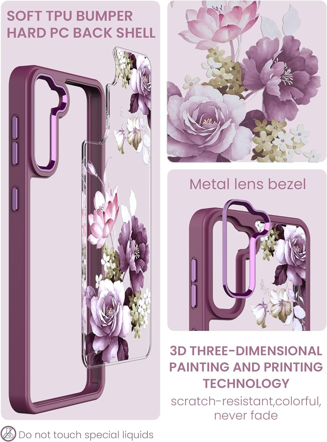 Dretal for Samsung Galaxy S21 plus 5G Case Floral, Galaxy S21+ Case, Military Grade Drop Tested Hard Back & Soft Edge Slim Flower Women Girls Protective Cover +Tempered Glass Screen Protector (Purple)  Dretal   