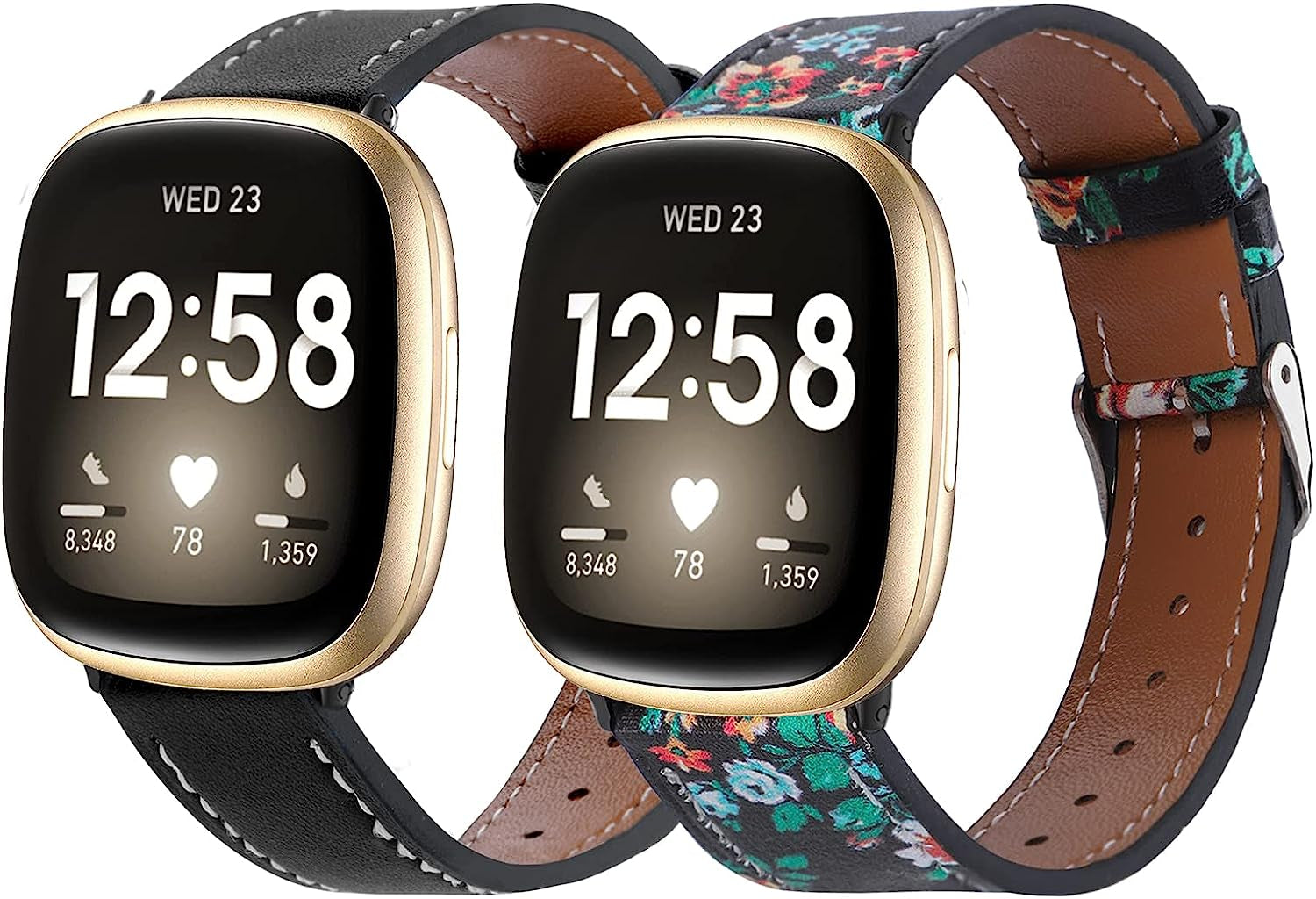 2 Pack Leather Bands Compatible with Fitbit Versa 3 Bands/Fitbit Sense Bands for Women Men, Classic Soft Leather Replacement Wristbands Strap for Fitbit Versa 3 / Fitbit Sense  POHNUI Red Flower & Black  