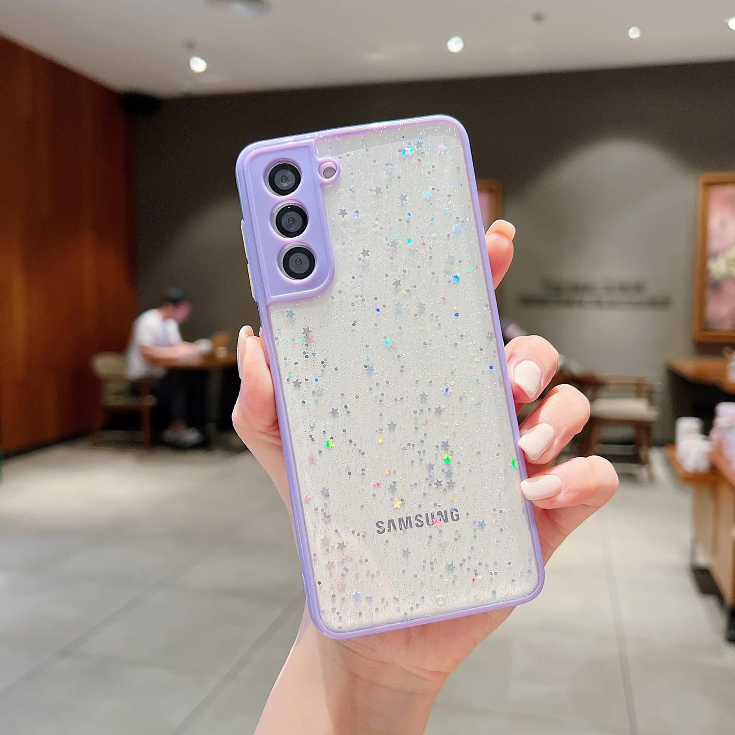 Compatible with Samsung Galaxy S21 Case for Women Girls,Soft Slim Fit Full-Around Protective Cute Clear Sparkly Bling Star Phone Case Glitter Cover for Samsung Galaxy S21 6.2 ''-White  JWKJUS Purple  