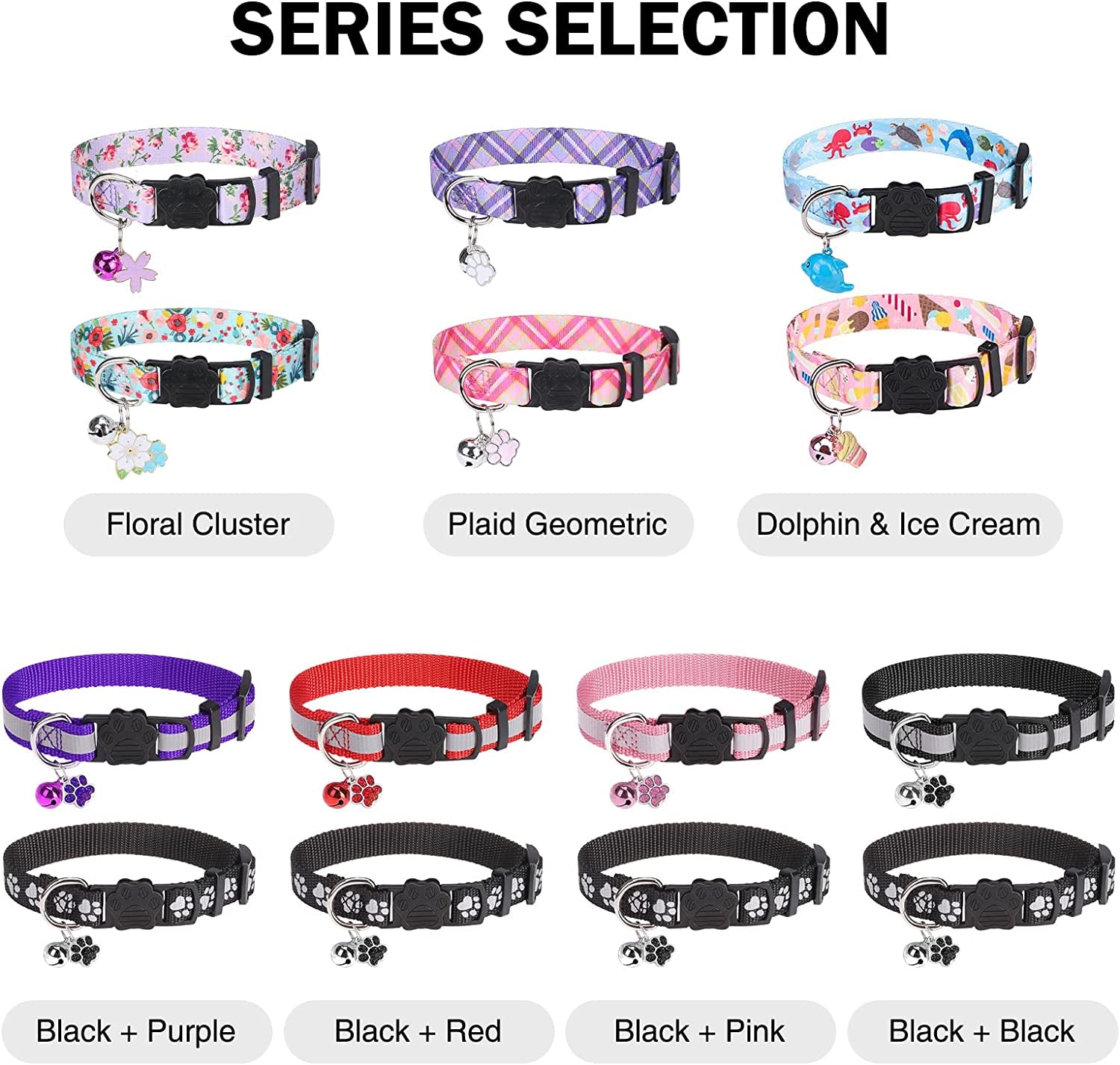 DILLYBUD Reflective Cat Collars Breakaway for Big Cats/Adult Cats Boys and Girls with Bell and Charm, 3/5" Width Safety Buckle Nylon Kitten Collar, 2 Pack Adjustable Soft Cute Pet Collar for Summer  DILLYBUD   