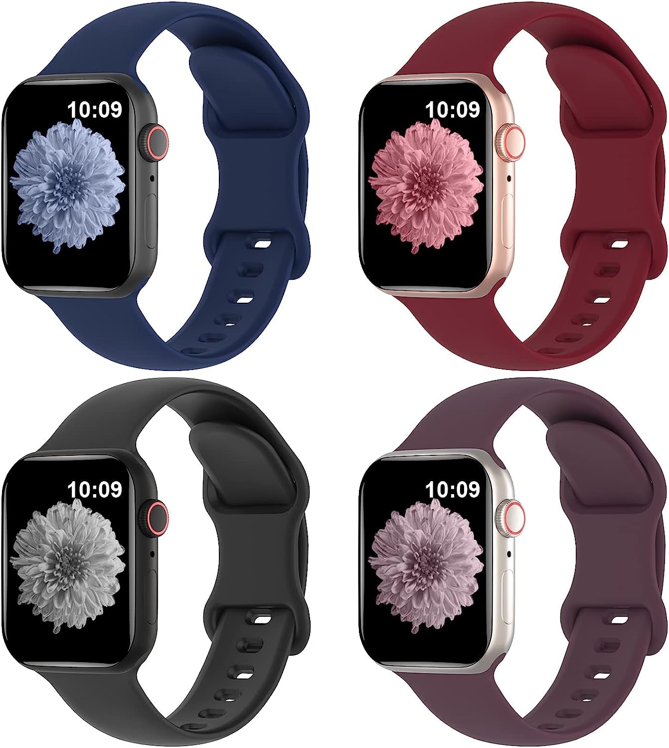 Arctime 4 Pack Silicone Bands Compatible with Apple Watch Band 38Mm 40Mm 41Mm 42Mm 44Mm 45Mm 49Mm, Soft Sport Breathable Strap Replacement Wristbands for Iwatch Ultra Series 8 SE 7 6 5 4 3 2 1  Arctime Navy Blue/Wine Red/Black/Dark Cherry 42/44/45/49mm 