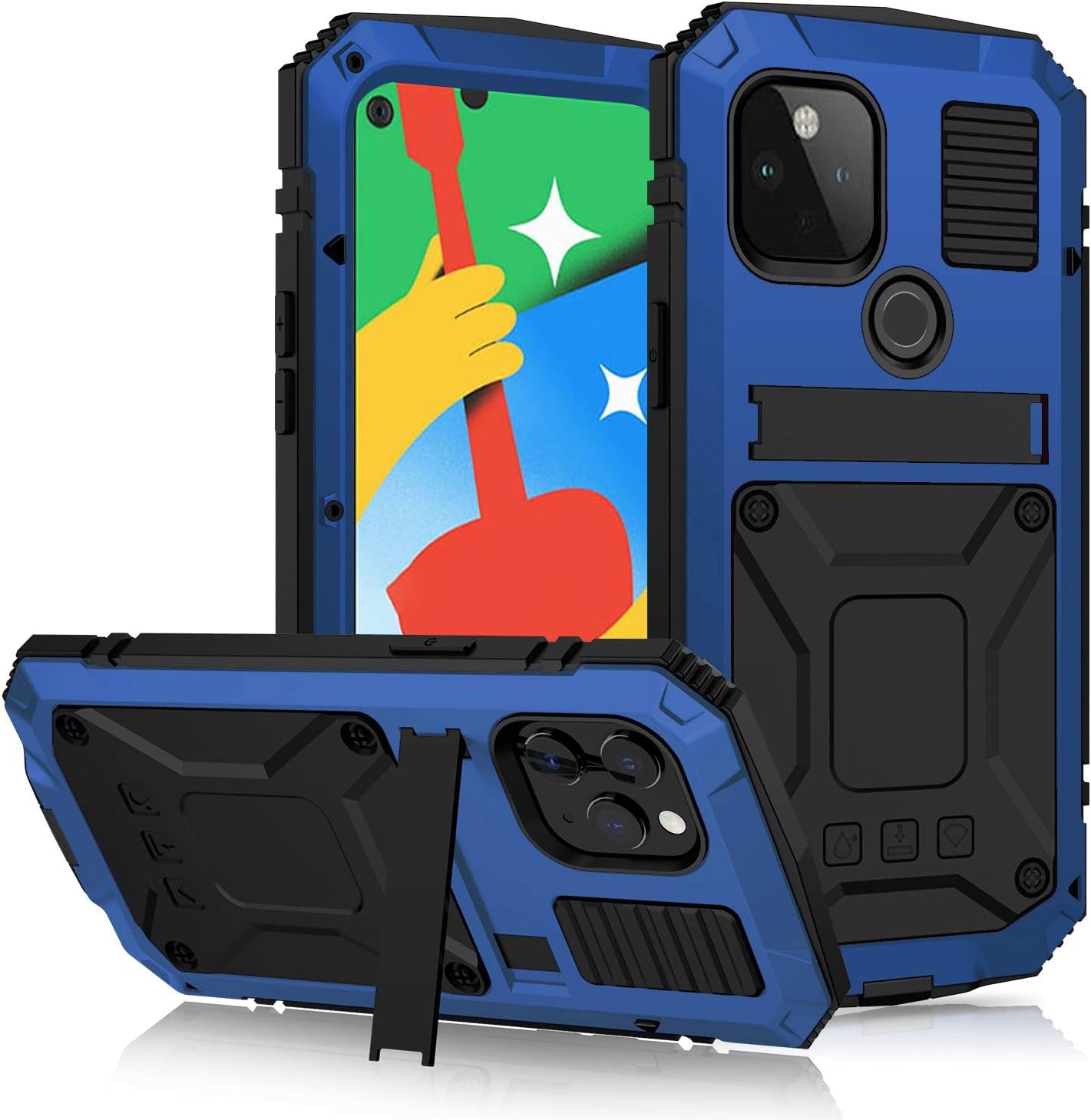 Simicoo Google Pixel 4A 5G Bumper Silicone Case Military Shockproof Heavy Duty Rugged Case Built-In Screen Protector Stand Cover for Google Pixel 4A 5G (Blue, Pixel 4A 5G)  Simicoo   