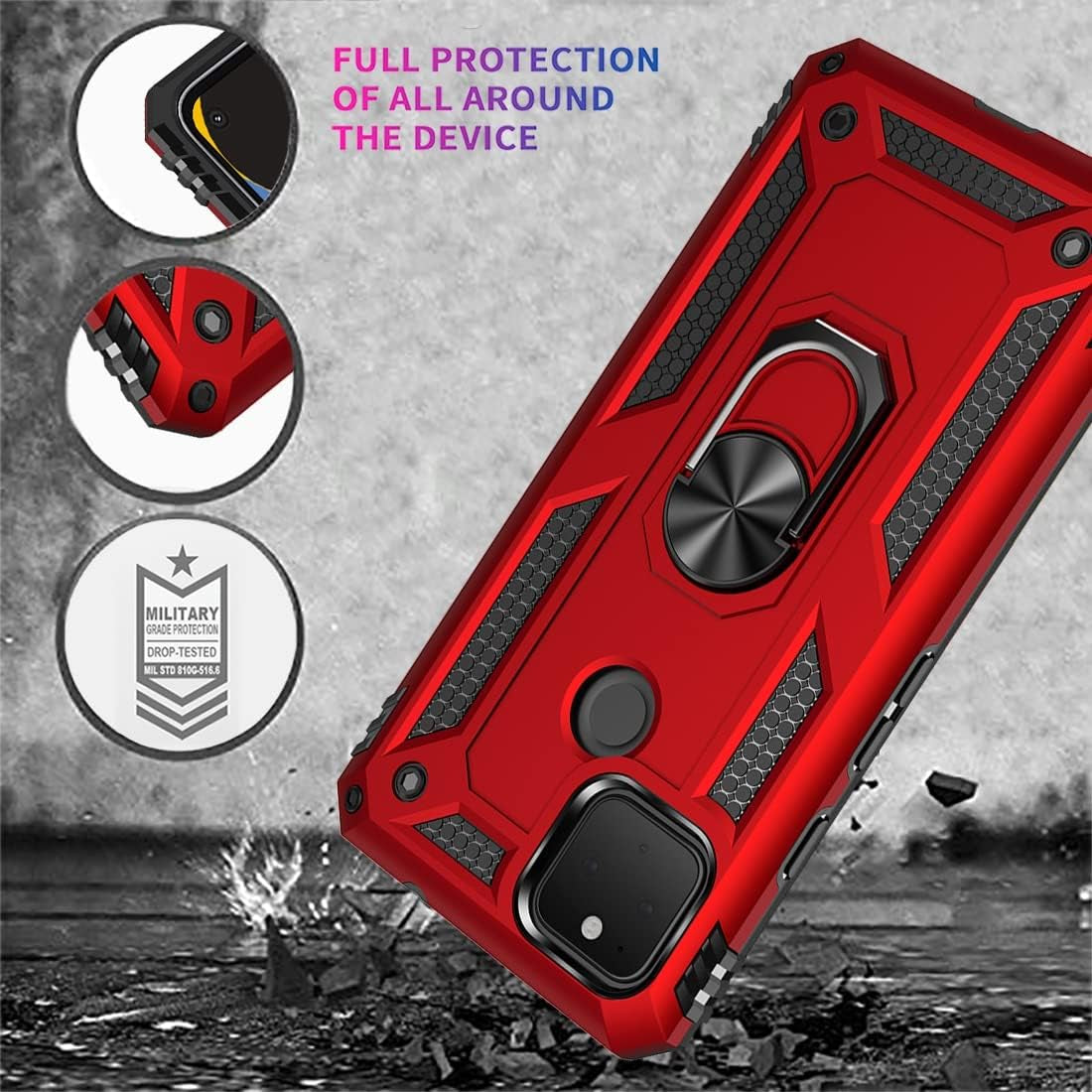 Zoeirc for Pixel 4A 5G Case, Pixel 5XL G025I Case with Tempered Glass Screen Protector, [Military Grade] Magnetic Car Ring Holder Mount Kickstand Protective Cover Case for Google Pixel 4A 5G (Red)  Zoeirc   