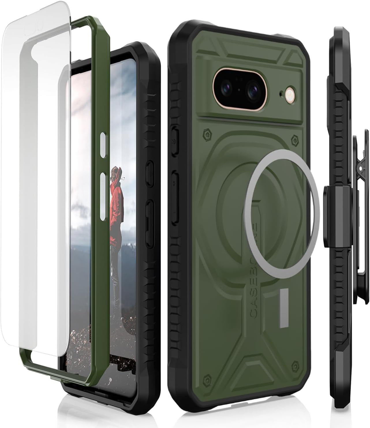 Caseborne Compatible with Google Pixel 8 Protective Case -Compatible with Magsafe, Slim yet Rugged with Tempered Glass Screen Protector and Belt Clip Holster Black  CaseBorne Green  