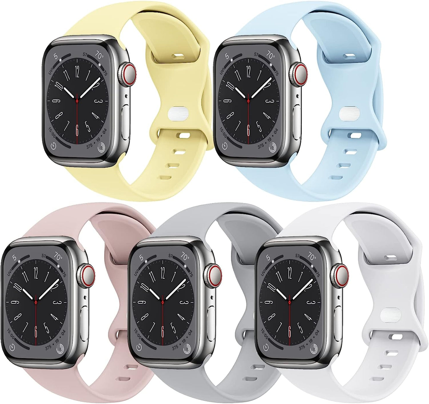 [5 PACK] STG Sport Watch Band Compatible with Apple Watch Band 38Mm 40Mm 41Mm 42Mm 44Mm 45Mm 49Mm Soft Silicone Replacement Sport Strap Compatible for Iwatch Ultra SE Series 8/7/6/5/4/3/2/1 (38Mm/40Mm/41Mm S/M, 5 PACK  STG 5 Pack D - Cream/Seafoam/Pink Sand/Gray/White 42mm/44mm/45mm/49mm M/L 