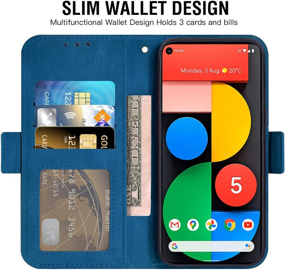 Asuwish Compatible with Google Pixel 5 Wallet Case and Tempered Glass Screen Protector Leather TPU Flip Cover Card Holder Stand Cell Accessories Phone Cases for Pixel5 5G Pixle Five G5 Women Men Blue  Asuwish   