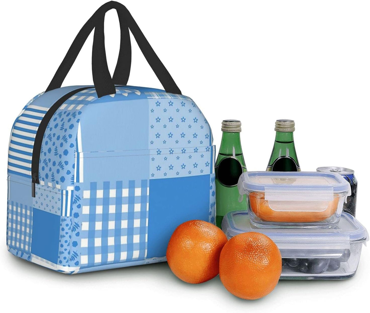 Fashion Blue and White Patchwork Lunch Box Insulated Cooler Lunch Tote Bag Travel Picnic Durable Shopping Reusable Waterproof Bags for Women  carati   