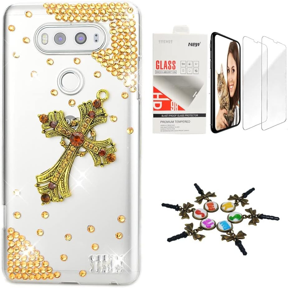 STENES Bling Case Compatible with LG V40 Thinq - Stylish - 3D Handmade [Sparkle Series] Pineapple Love Design Cover with Screen Protector [2 Pack] - Yellow  STENES Retro Cross / Champagne Design For Lg K51 