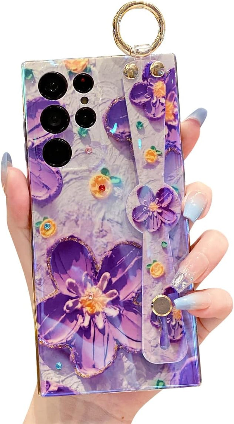 Meishangmei for Samsung Galaxy S22 Ultra Case 6.8" Sparkle Bling with Strap Stand Cute Pattern IMD Plating Design Silicone Shockproof Protective Glitter Cases Cover for Girls and Women - Minnie  Meishangmei Purple Flower  