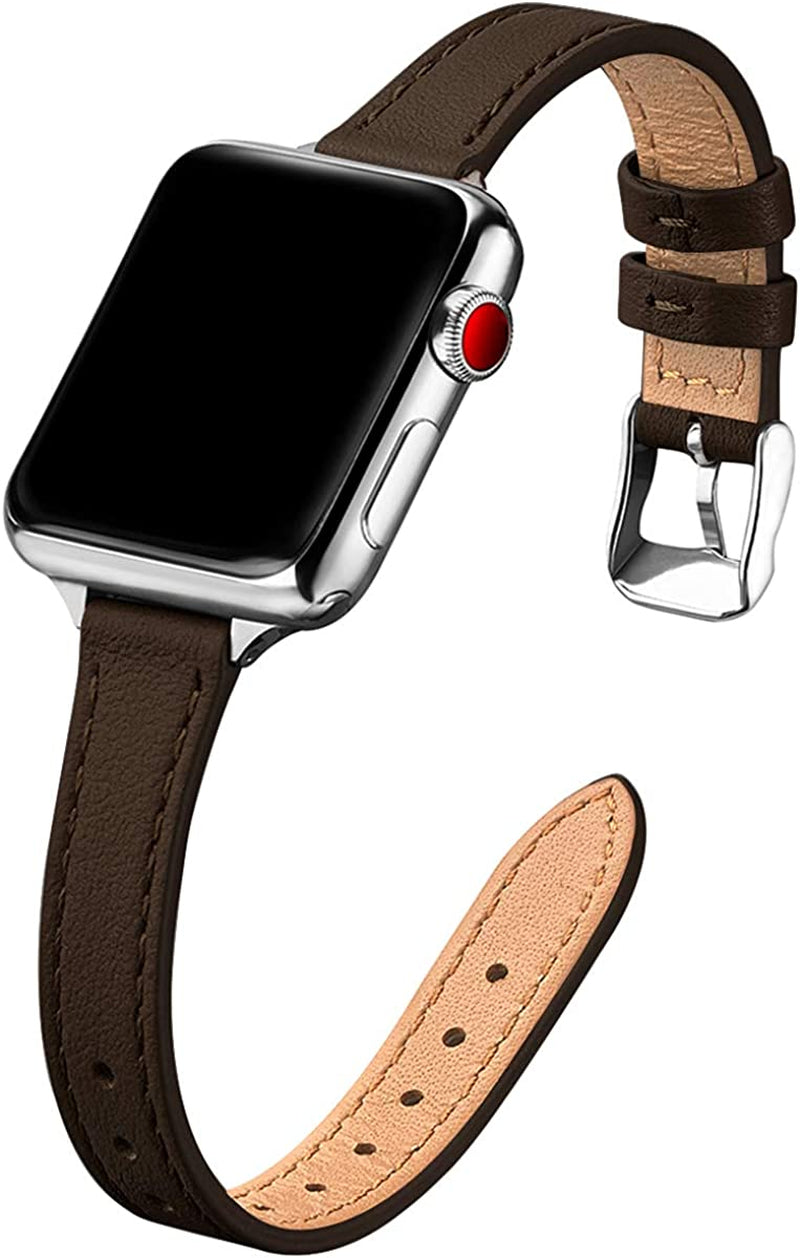 STIROLL Slim Leather Bands Compatible with Apple Watch Band 38Mm 40Mm 41Mm 42Mm 44Mm 45Mm 49Mm, Top Grain Leather Watch Thin Wristband for Iwatch Ultra SE Series 8/7/6/5/4/3/2/1  STIROLL Coffee with Silver 42mm/44mm/45mm/49mm 