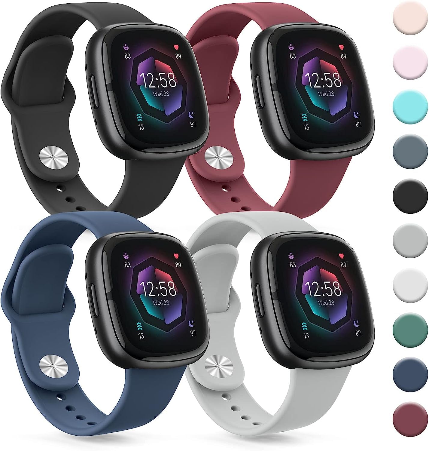 4 PACK Silicone Bands Compatible with Fitbit Versa 4 / Versa 3 Bands/Fitbit Sense 2 / Sense Bands Women Men, Soft Replacement Straps for Fitbit Versa 4 / Versa 3 / Sense 2 / Sense Smart Watch  AK Wine Red/Black/Navy Blue/Gray  