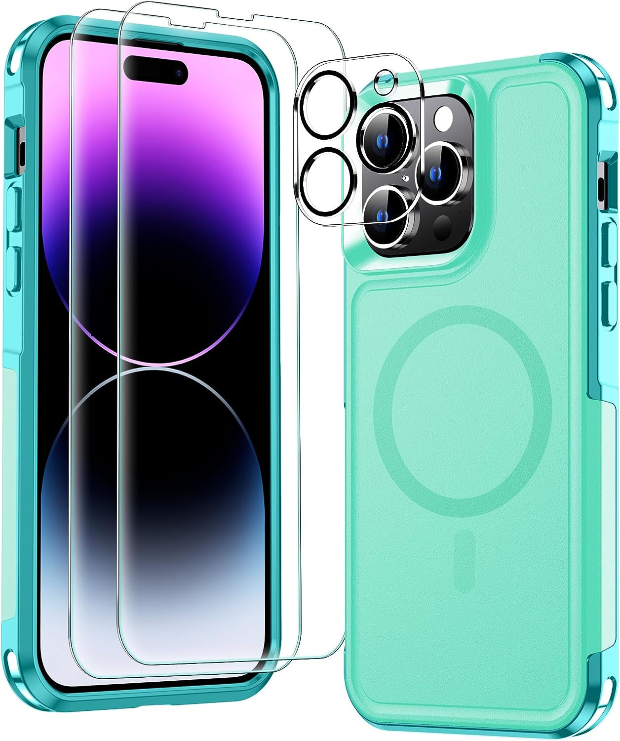MOZOTER 6-In-1 Magnetic for Iphone 14 Pro Case,[Compatible with Magsafe][Glass Screen Protector+Camera Lens Protector] [Anti-Yellowing] Slim Shockproof for Iphone 14 Pro Phone Case 6.1 Inch-Clear  MOZOTER Light Green  